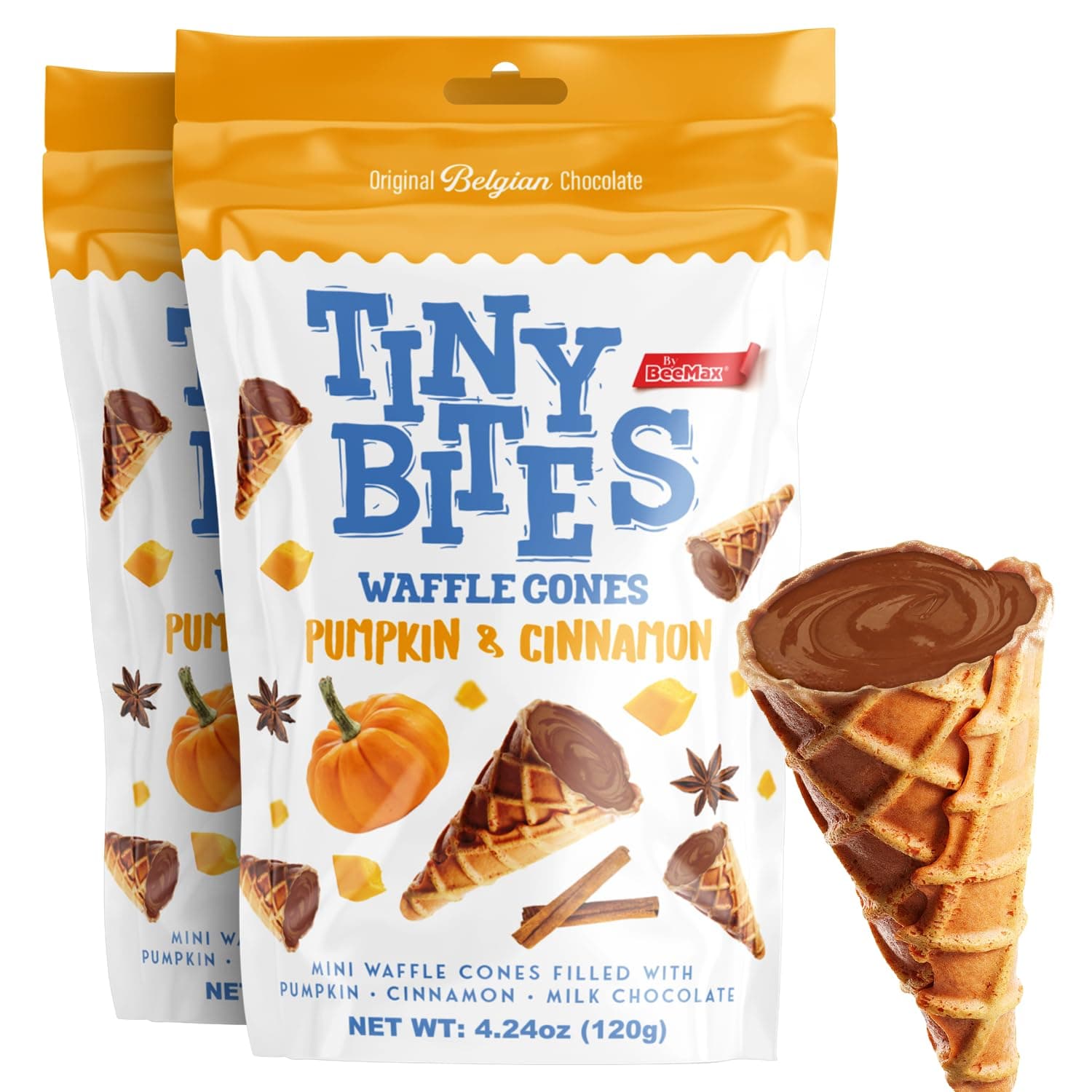 BEEMAX Tiny Bites Pumpkin & Cinnamon Mini Waffle Cones, Blend of Crispy Golden & Belgian Milk Chocolate Bliss, Bite-Size Snack for Dessert or Ice Cream Toppings, 4.24 oz Bag, 2-Pack