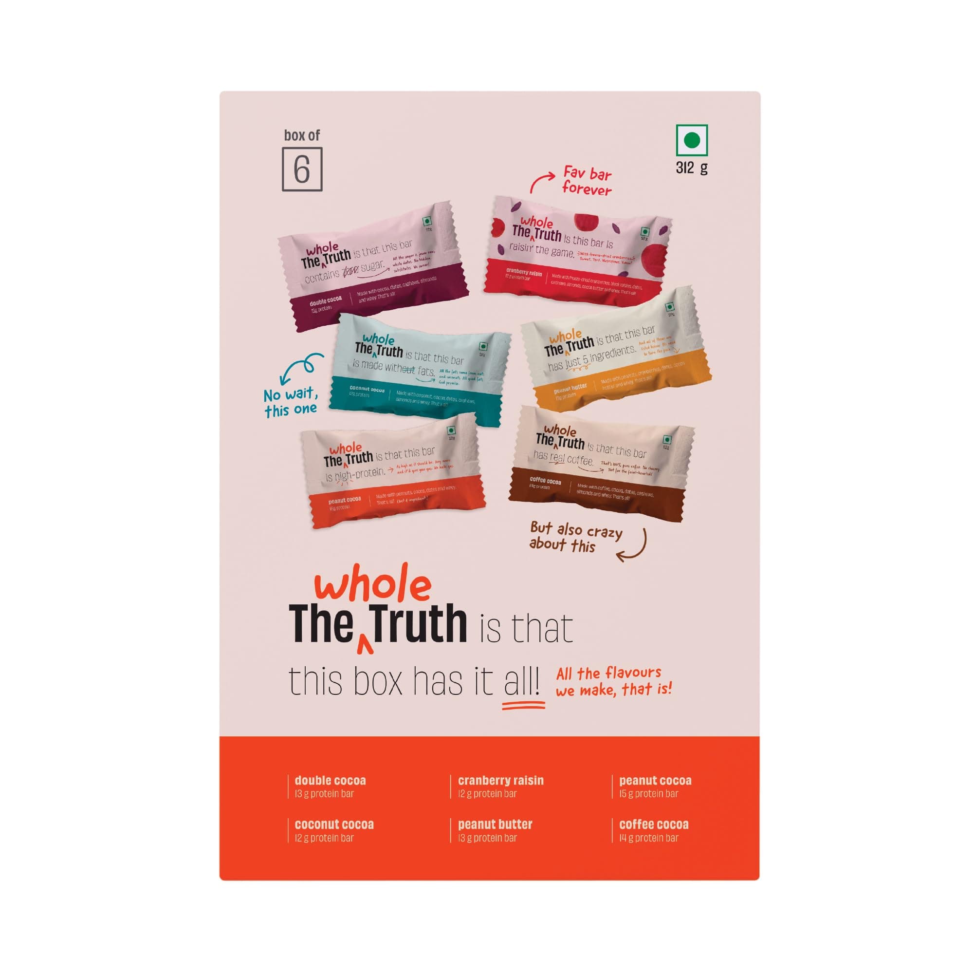Protein Bars | All-in-One | Pack of 6 x 52 g each | No Preservatives | No Artificial Sweeteners | No Gluten or Soy | All Natural Ingredients | Six Different Flavours