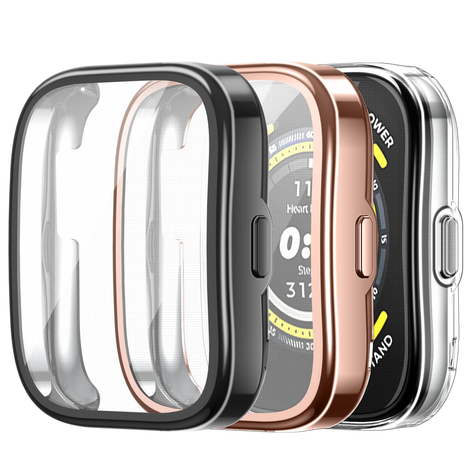 Fintie 3 Packs Screen Protector Case Compatible with Amazfit Bip 5, Soft TPU Plated Bumper Full Protective Cover Cases Scratch-Proof, Black/Rose Gold/Clear
