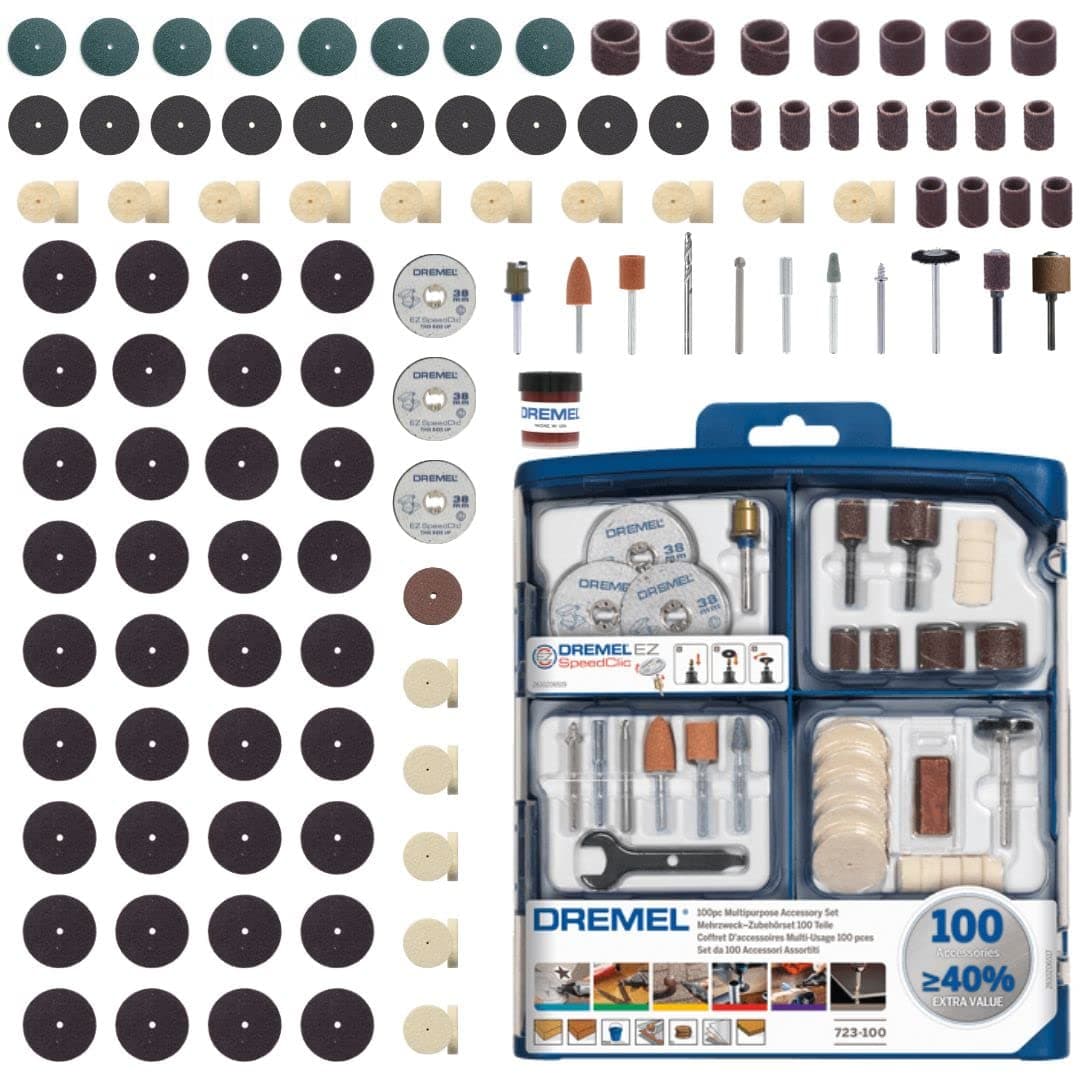 723 100 Piece Assorted Accessory Kit - Rotary Tool Accessory Set for Carving, Milling, Grinding, Cleaning, Polishing, Cutting, Sanding and Engraving