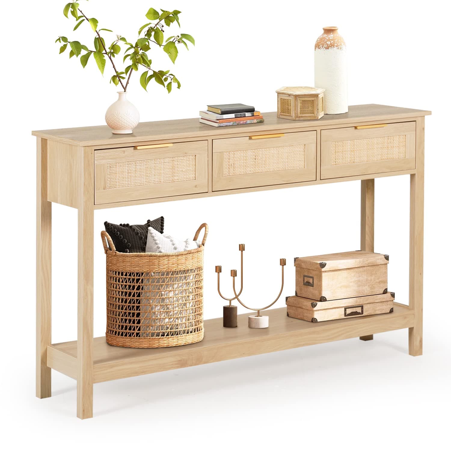 Rattan Console Table Boho Entryway Table Narrow Long Sofa Table Hallway Foyer Behind Couch Table with 3 Drawers and Open Storage Shelf for Living Room and Corridor Natural Wood