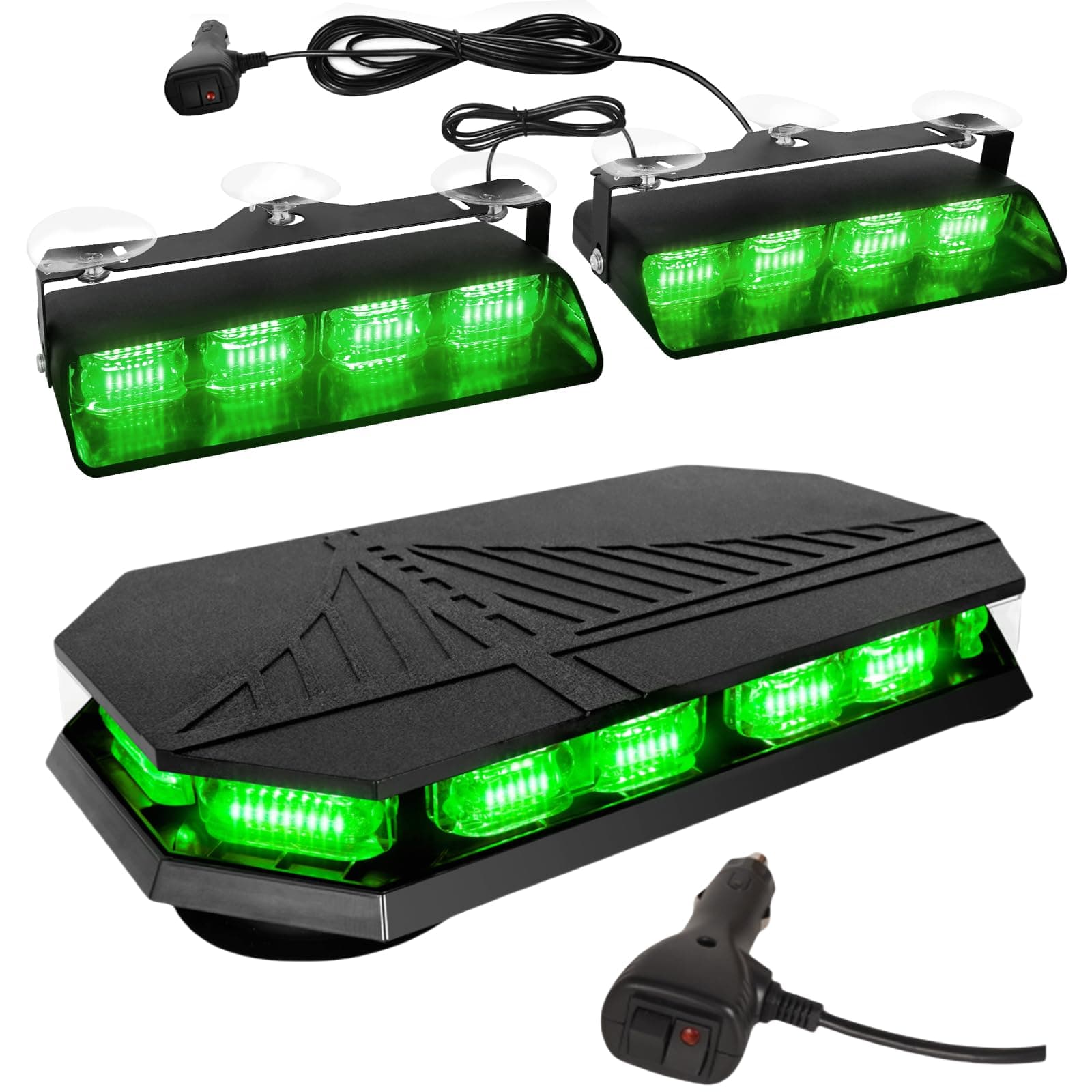 HLautoBundle-2 Items: 2002L Emergency Dash Strobe Lights, 2x8.5 48 LED Green Safety Lights + 406D Rooftop Emergency Strobe Lights Bar, 102 LED Green Warning Lights Bar w/Magnetic Base