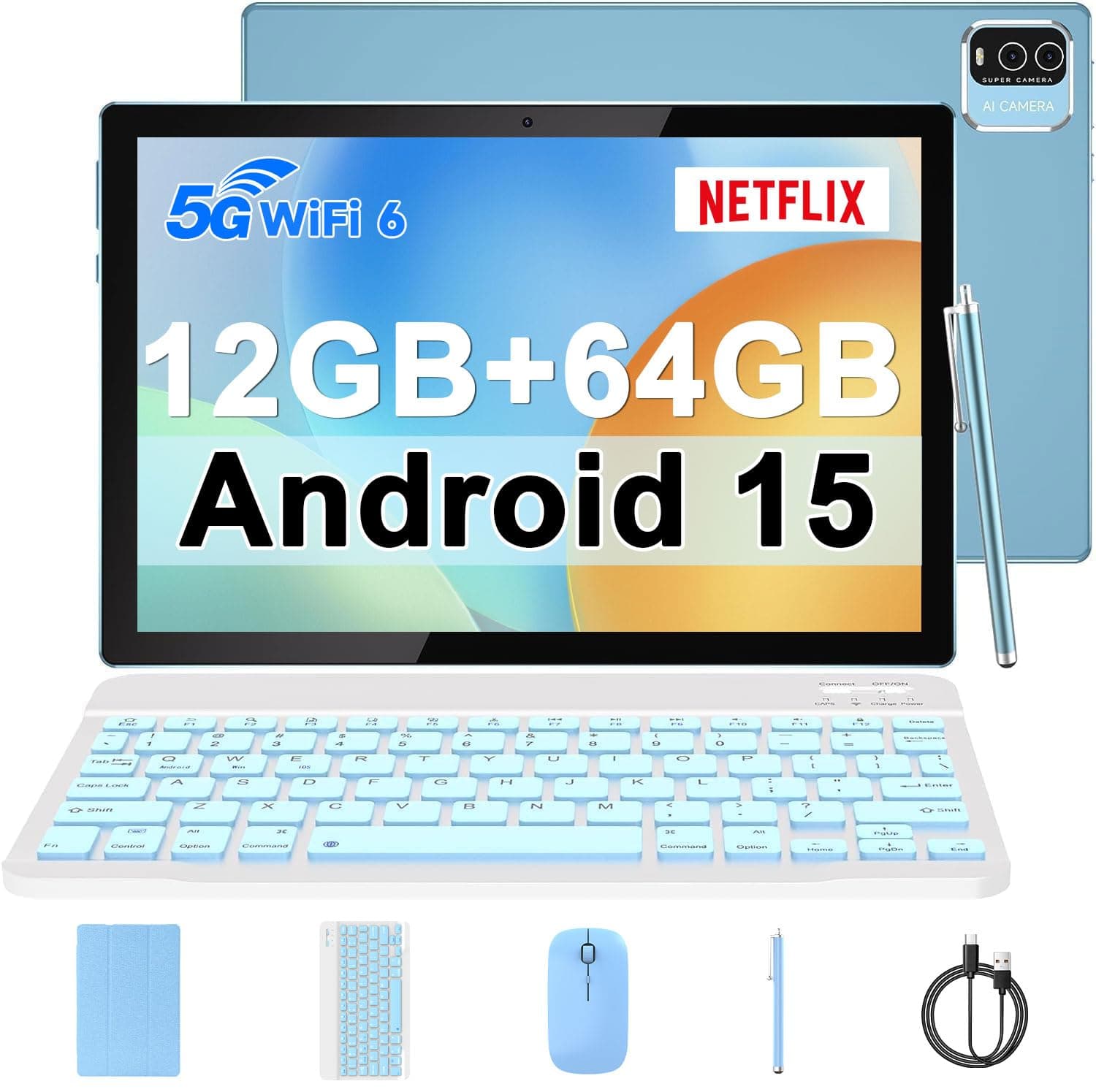 Android 14 Tablet, 10" 8GB RAM+64GB ROM+1TB Extendable, 1.8Ghz Quad Core Processor, 2 in 1 Tablet with Keyboard Case, Mouse Stylus, 2.4G/5G Wifi6, 8MP Dual Camera, 1280 x 800 IPS HD Screen Tablet