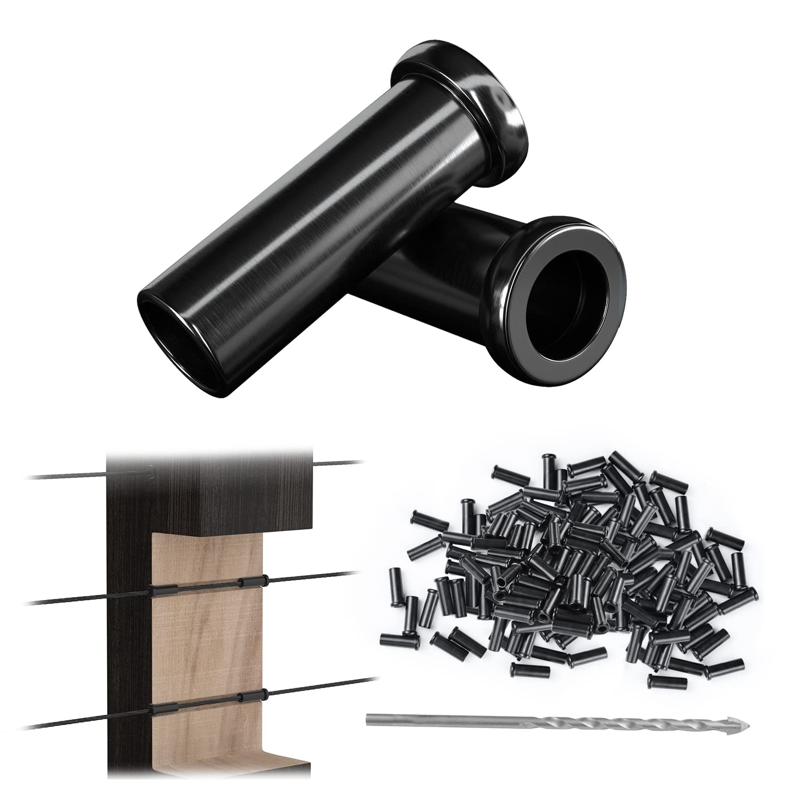 100 Pack 1/8" Black Cable Railing Protector Sleeves T316 Stainless Steel Protective Sleeves Deck Cable Railing Hardware Kit for Wood Posts CR13