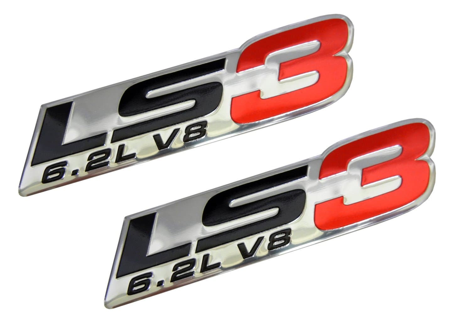 LS3 6.2L V8 Red Engine Emblems Badges Nameplates Highly Polished Aluminum Chrome Silver Compatible with GM General Motors Performance Chevy Corvette Camaro SS Pontiac G8 GXP Holden (Pack of 2)