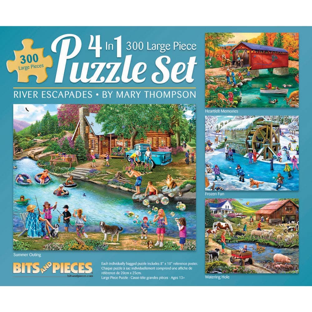 Bits and Pieces – 4-in-1 Multi-Pack 300 Piece Jigsaw Puzzles for Adults – River Escapades by Artist Mary Thompson, Completed Puzzle Size: 16" x 20"