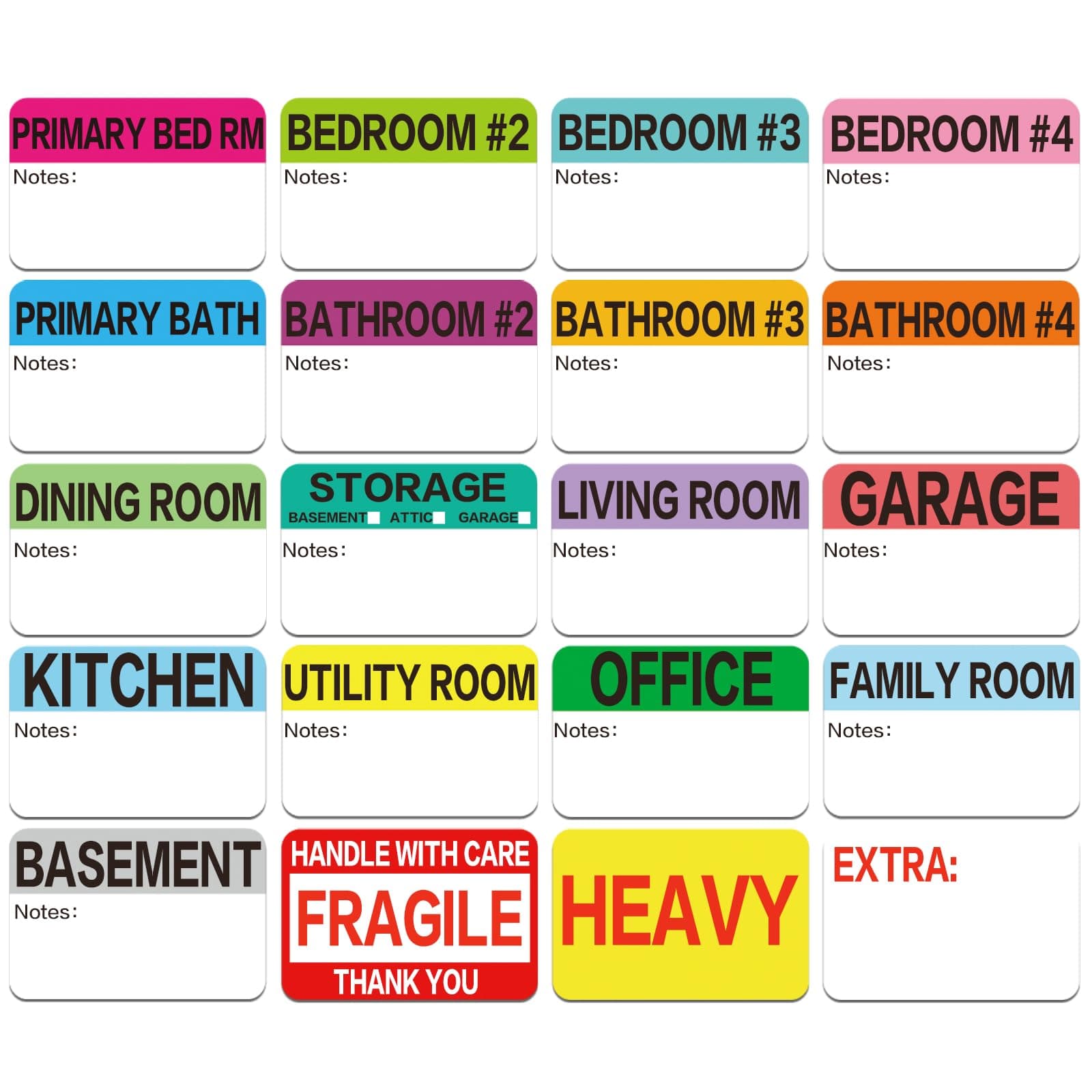 600 Count 3 x 2" Large Home Moving Packing Box Labels for 3-4 Bedroom House with Writable Notes Areas, 17 Color Coded Moving Labels for Boxes + Fragile Moving Stickers + Heavy and Blank Labels
