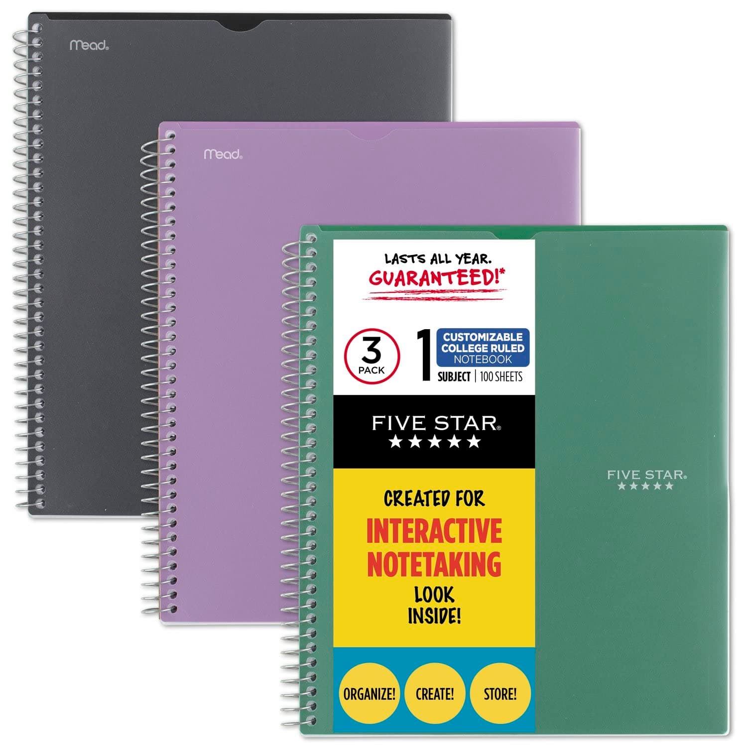Five StarFIVE STAR Interactive Notetaking Spiral Notebooks, 3 Pack, 1 Subject, College Ruled Paper, 11" x 8-1/2", 100 Sheets, Customizable Cover, Black, Green, Purple (820041-ECM)