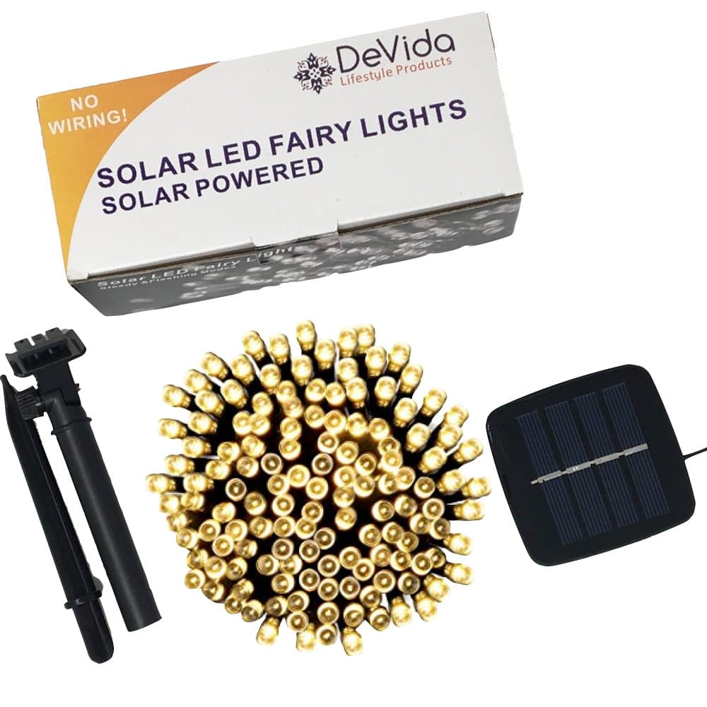 DeVida Solar String Lights 120 Warm White LED, Easy to Install, Automatically Turns on at Night, Outdoor Waterproof, 55 ft Set Includes 13 ft Lead Wire Plus 42 ft Lighted Strands for Tree Wrap
