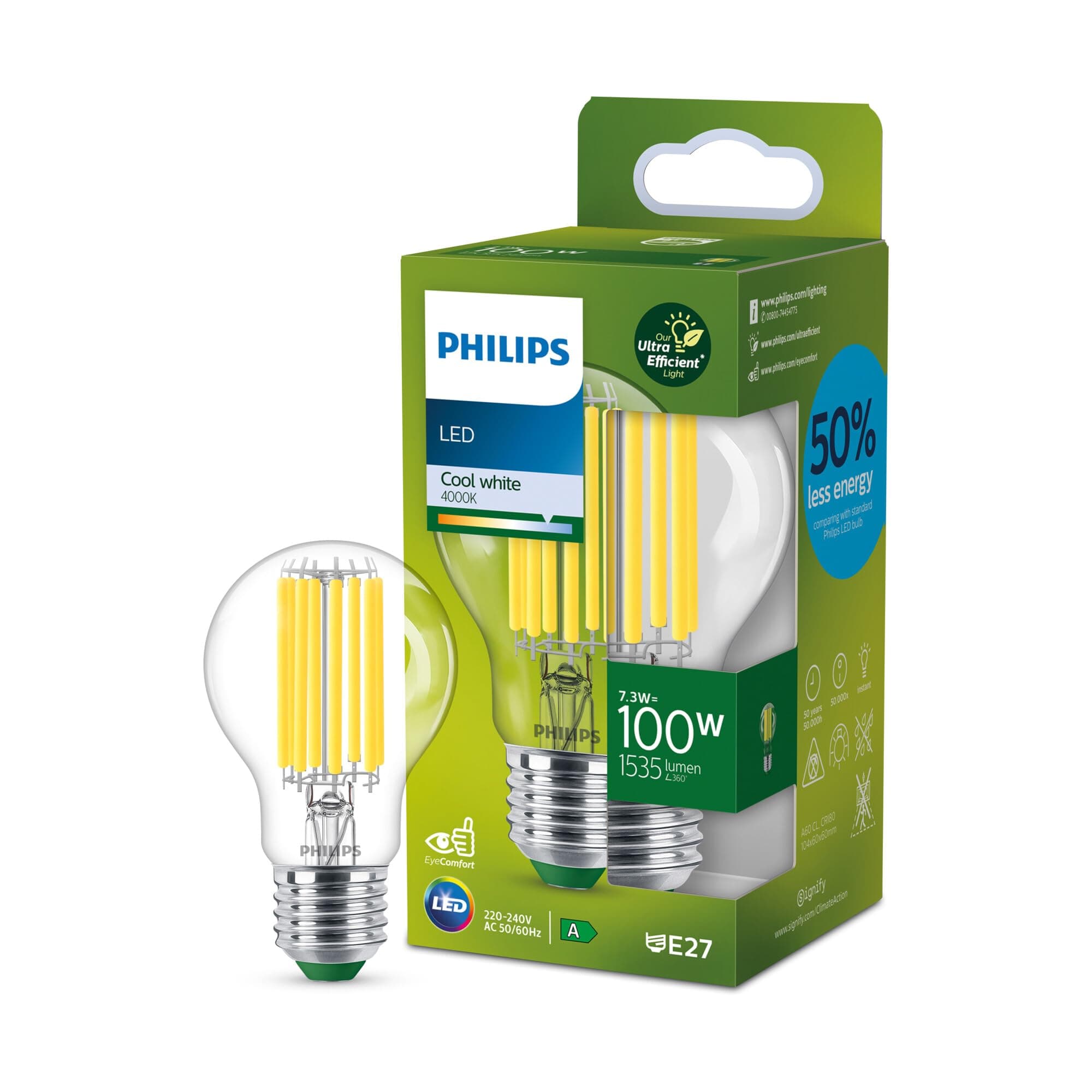 Ultra Efficient - Ultra Energy Saving Lights, LED Light Source, 100W, A60, E27, Cool White 4000 Kelvin, Clear