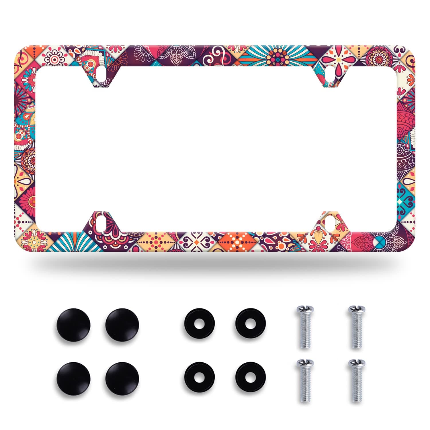 Stitching Tile Boho Pattern License Plate Frame Stainless Steel Rust-Proof Auto Parts Colorful License Plate Cover Decorative with Screws Size 12.3" x 6.3" Women