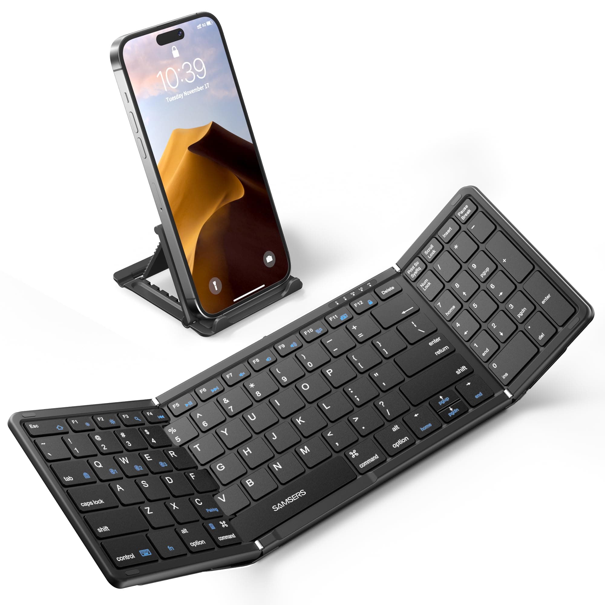Samsers Foldable Bluetooth Keyboard with Numeric Keypad, Full-Size Wireless Folding Keyboard with PU Leather, Portable Travel Keyboard for iOS Android Windows Mac OS, Support 3 Device(BT5.1 x 3)-Black