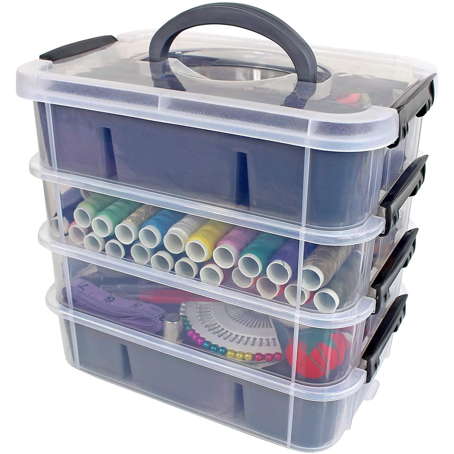 Bins & Things Stackable Plastic Storage Boxes with 2 Trays - Compartments for Crafts, Beads - with Lid - Sewing Boxes