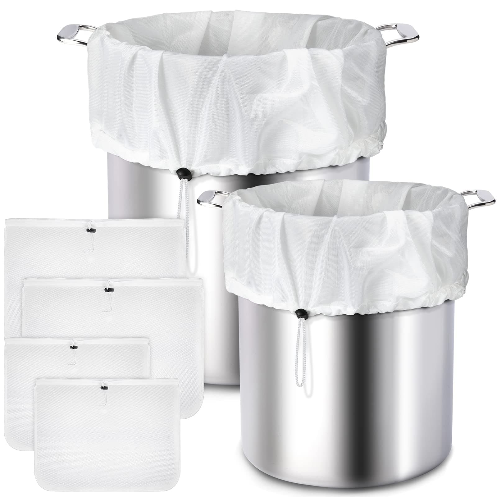 4 Pack Reusable 250 Micrometer Straining Brew Bag Fine Mesh Strainer Bag White Wine Making Supplies Drawstring Cheese Cloth Package for Beer Wine, 22 x 26, 16 x 18 Inch