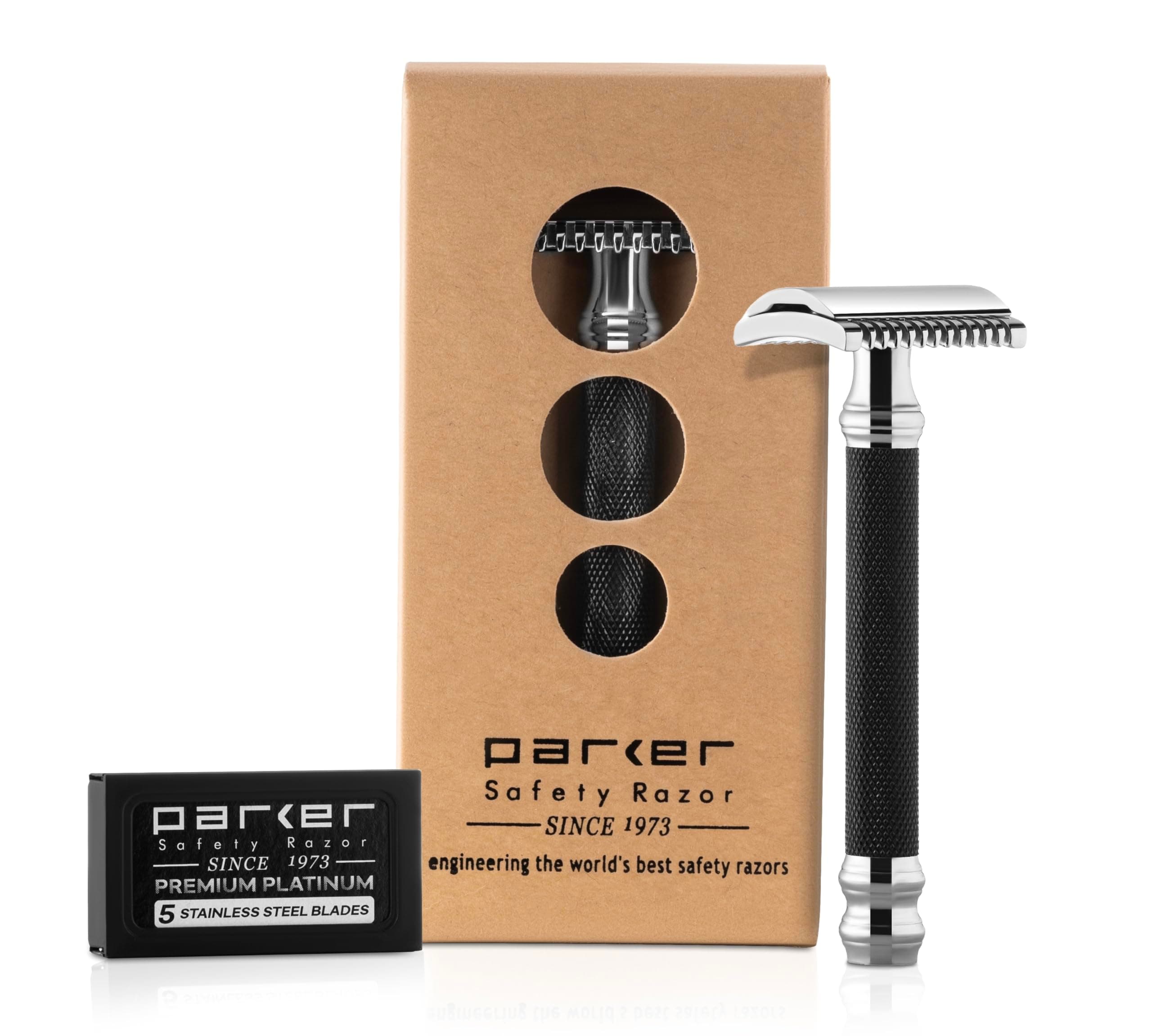 Parker 26C –Black Handle Three Piece Open Comb Double Edge Safety Razor & 5 Premium Platinum Double Edge Razor Blades