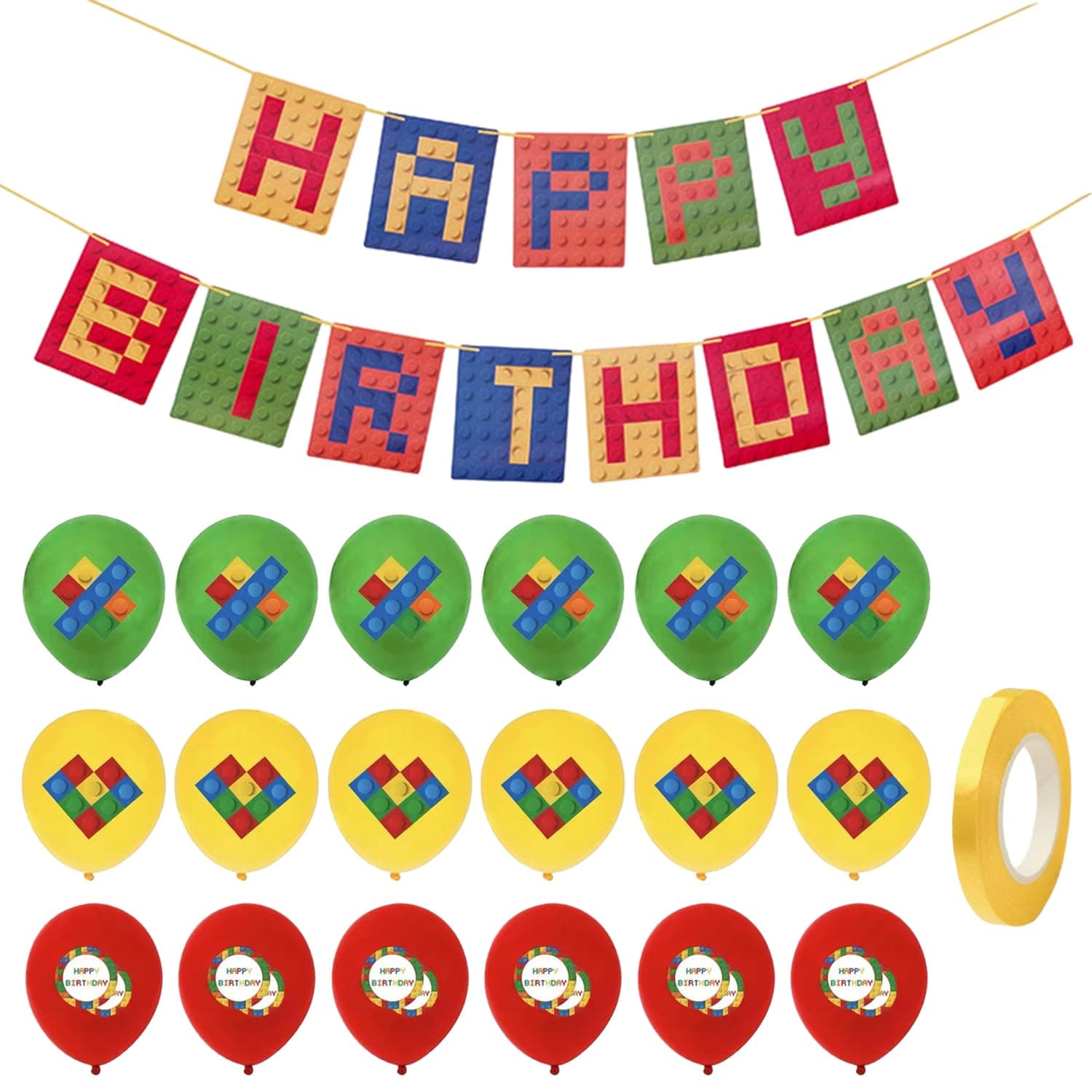 1 Building Block Theme Pull Flag with 18 Latex Balloons and 1 Roll of Ribbon, Party Decoration Supplies, Block Theme Set, Happy Birthday Banner, Suitable for Indoor, Outdoor, 300cm