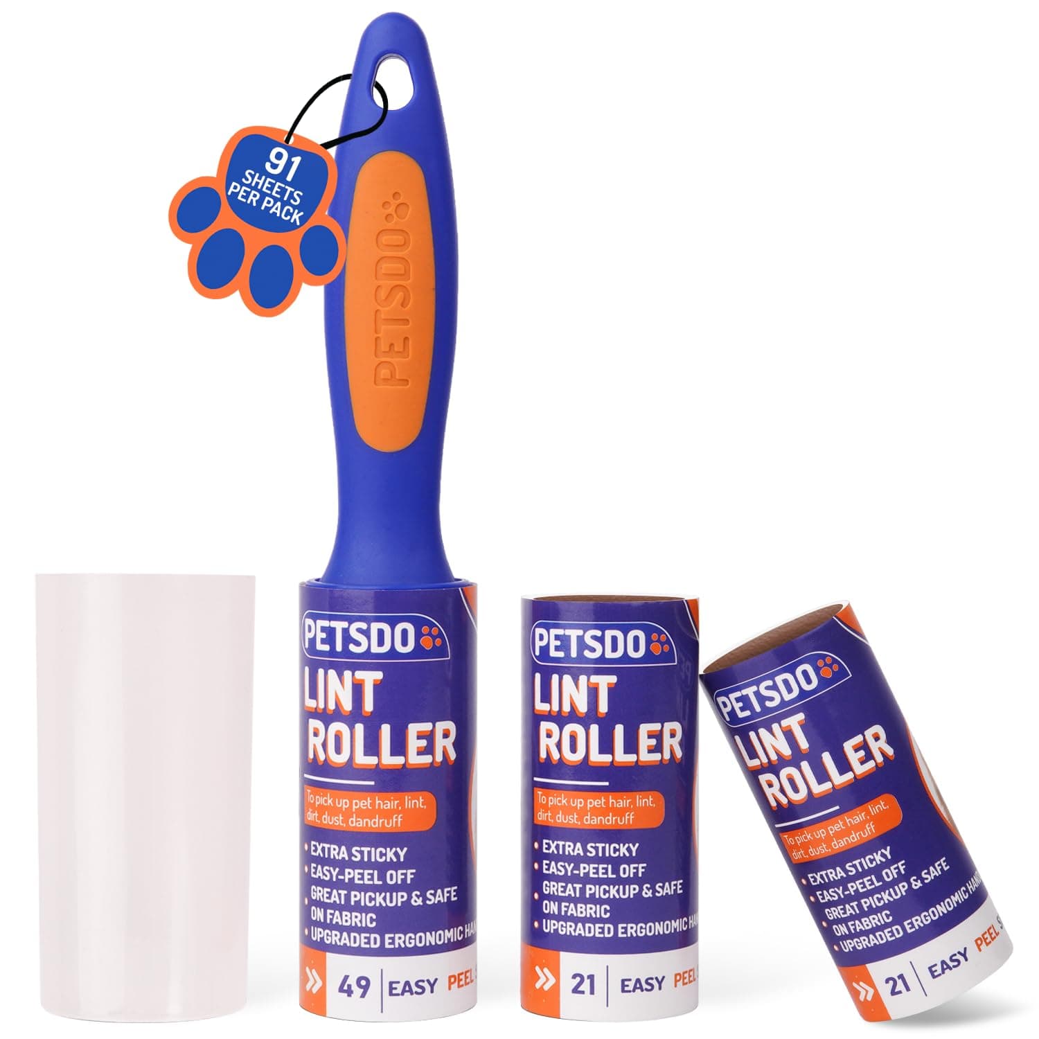 PETSDO Lint Rollers Pack of 3-91 Sticky Sheets Roller for Pet Hair & Clothes - Remover with Replacement head ideal All Fabrics, Effective on Dust, and Debris, Blue Orange (LT-01)