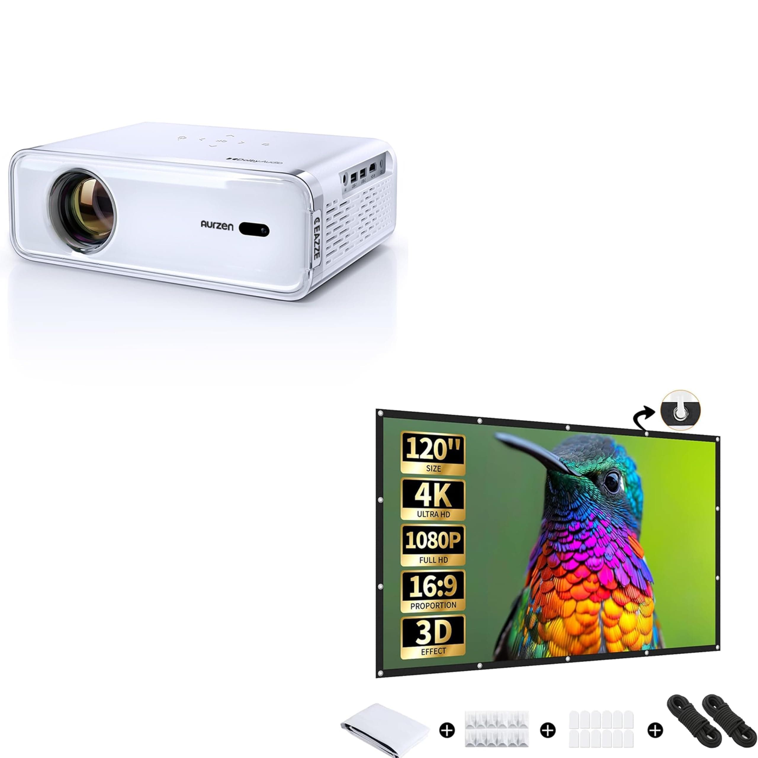 Aurzen Eazze D1 Smart Projector with 120" Portable Projector Screen, Netflix-Officially-Licensed, Auto Focus & Keystone, DoIby Audio, Zoom, Native 1080P Movie