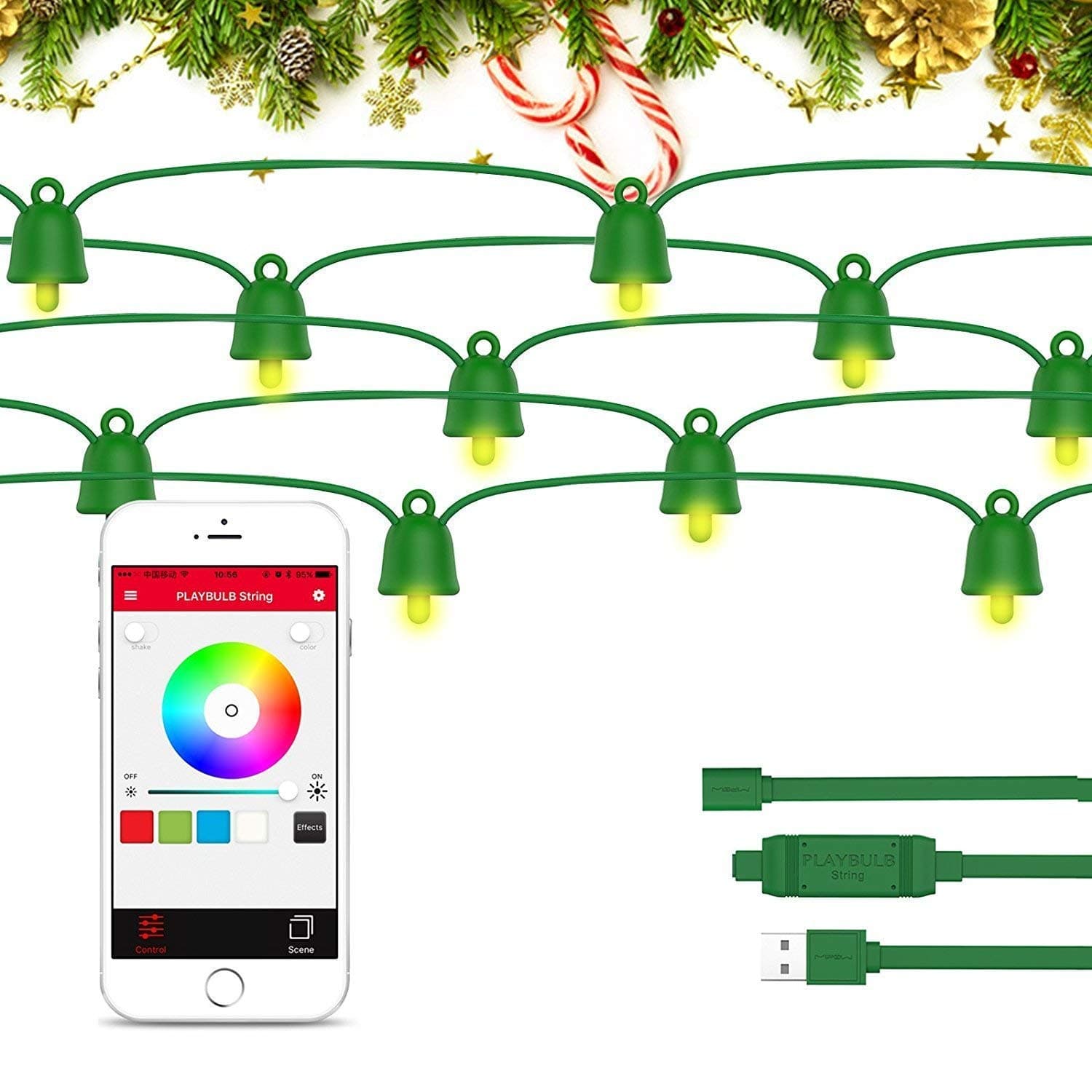 PLAYBULB Smart String Lights, Green Wire LED with iOS & Android APP Controlled & IP65 Waterproof Patio Bright Light for Xmas Tree, Camping, Party, Garden, Outdoor Decorations, Multicolor (10M (33ft))