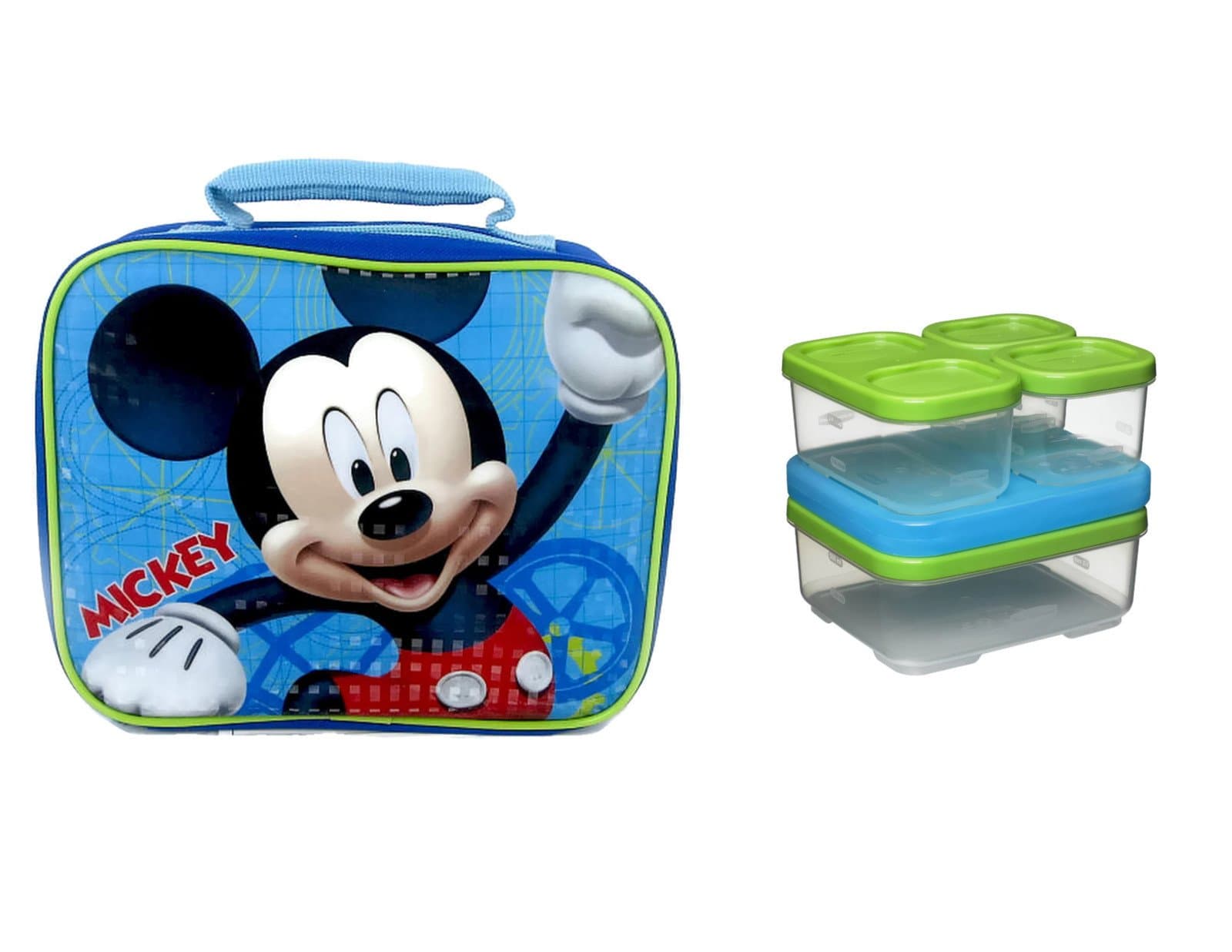 Mickey Mouse Blue Insulated Rectangular Lunch Kit, with Top Handle for Easy Carry and Rubbermaid Lunch Blox Sandwich Kit - This Bundle Includes a Total of 10 Pieces.
