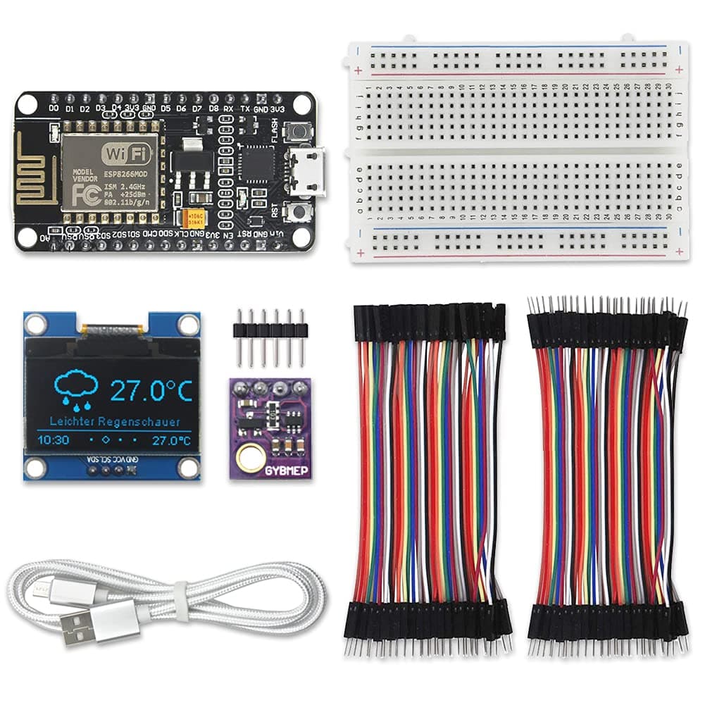 KeeYees WiFi Weather Station Kit for IoT with Tutorial, Temperature Humidity Atmospheric Pressure Sensor + 1.3" OLED IIC LCD Display + 2 Set Jumper wire + 400 Pin Breadboard