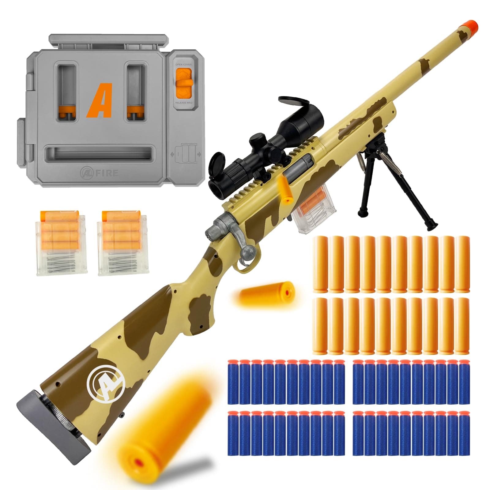 AGM MASTECH M24 Foam Blaster, Shell Ejecting, Safety Switch, Adjustable Stock 41.8 Inch, Fast Dart Loader, Scope, 40 Darts, 20 Casings, 2 Mags, Tactical Gear for Teens 14+ Adults(Yellow)
