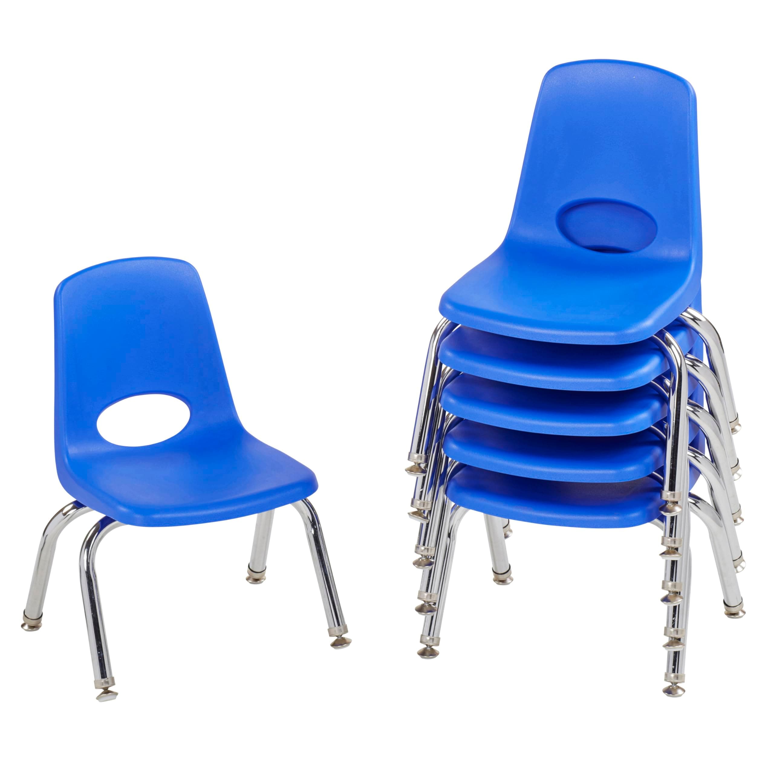 FDP 10" School Stack Chair, Stacking Student Seat with Chromed Steel Legs and Nylon Swivel Glides; For In-Home Learning or Classroom - Blue (6-Pack), 10356-BL