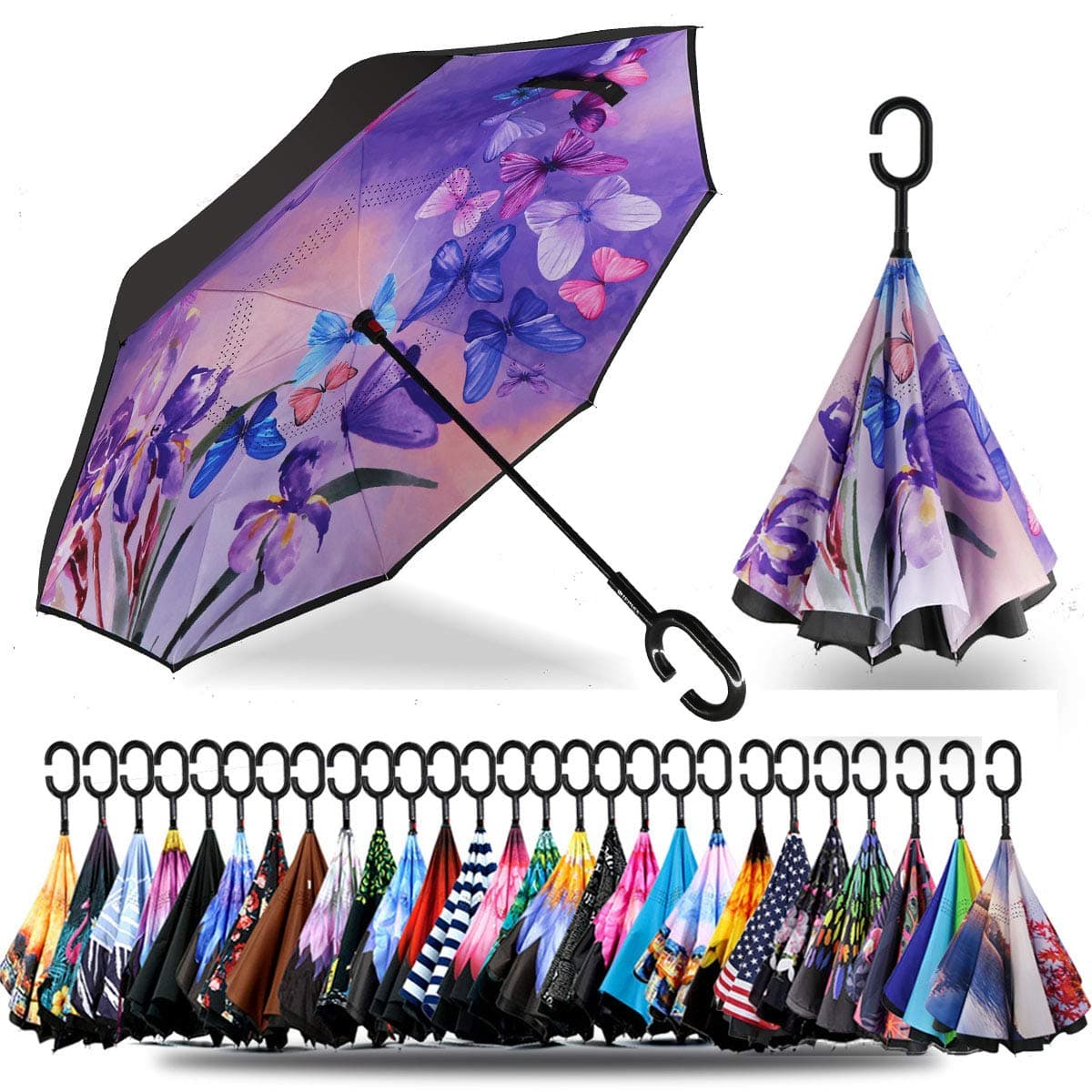 49/56 Inch Inverted Reverse Upside Down Umbrella, Extra Large Double Canopy Vented Windproof Waterproof Stick Golf Umbrellas with C-shape Handle.