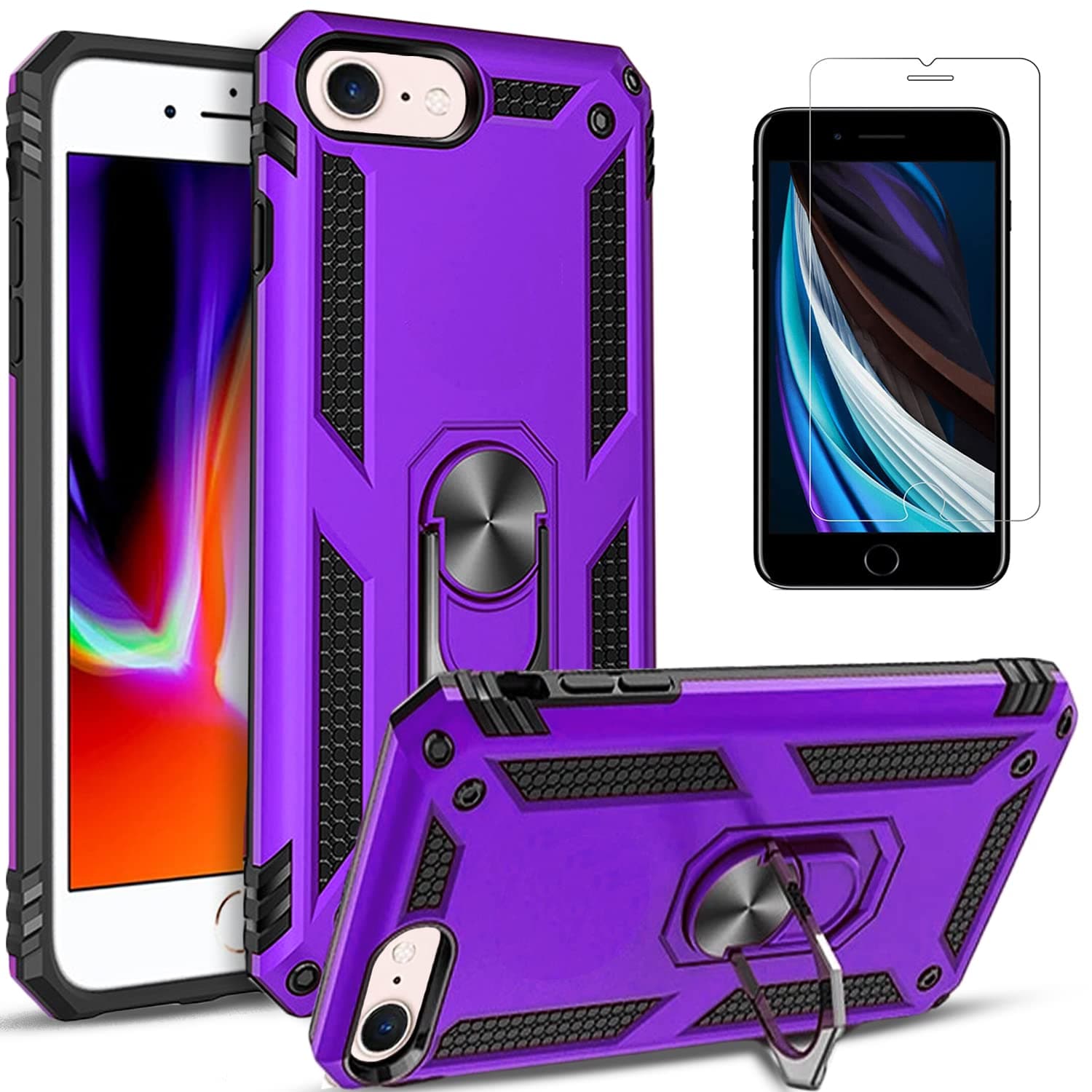 STARSHOP Compatible with iPod Touch 7th Generation Case, iPod Touch 7/6/5 Case, with [Tempered Glass Screen Protector Included] Military Grade Shockproof Cover Ring Holder Kickstand- Purple
