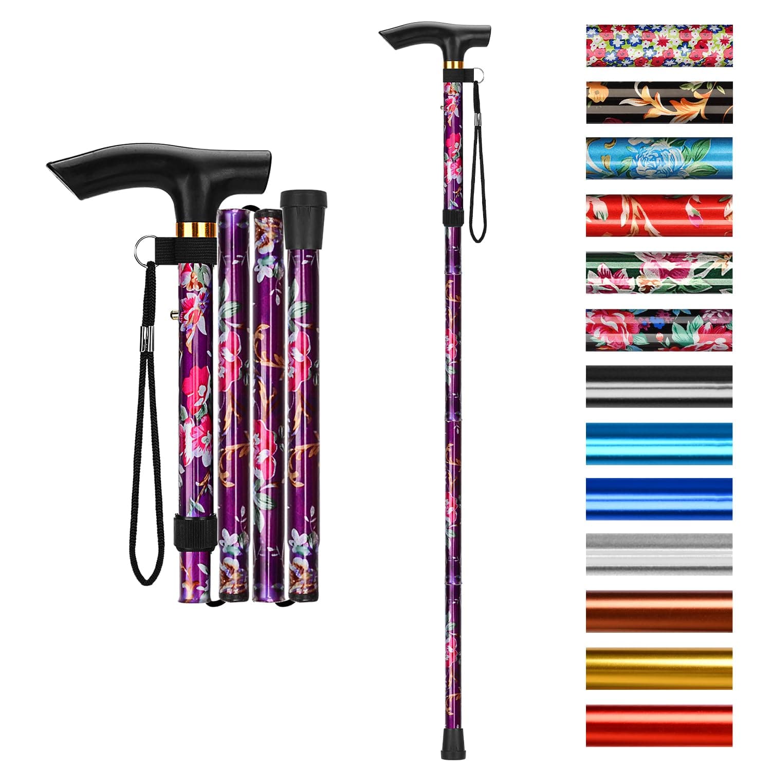 Folding Cane, 5-Level Adjustable Height Walking Stick Lightweight Collapsible Portable Travel Cane with Wrist Strap and T Handle for Elderly Disabled Men Women
