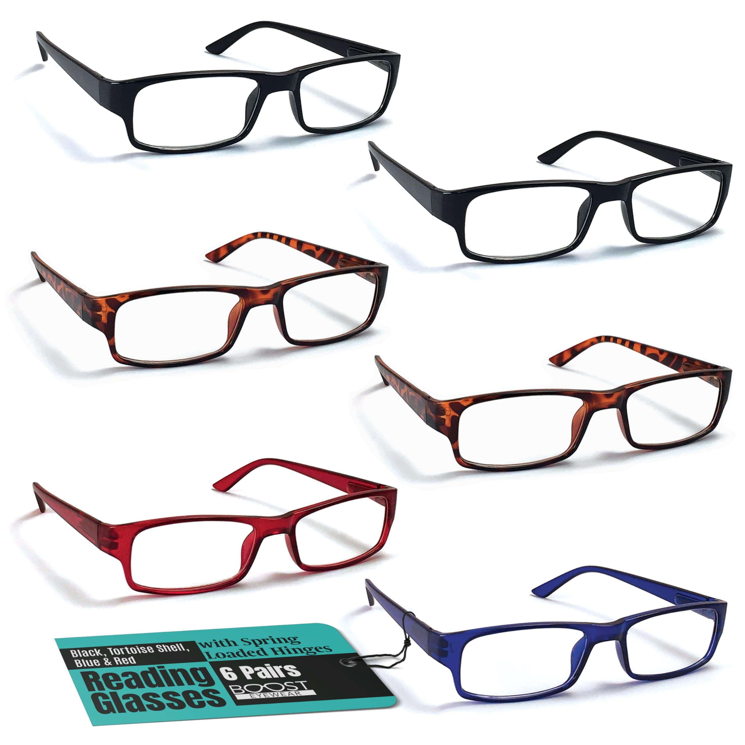Boost Eyewear 6 Pack Reading Glasses, Traditional Frames in Assorted Colors, for Men and Women, with Spring Loaded Hinges