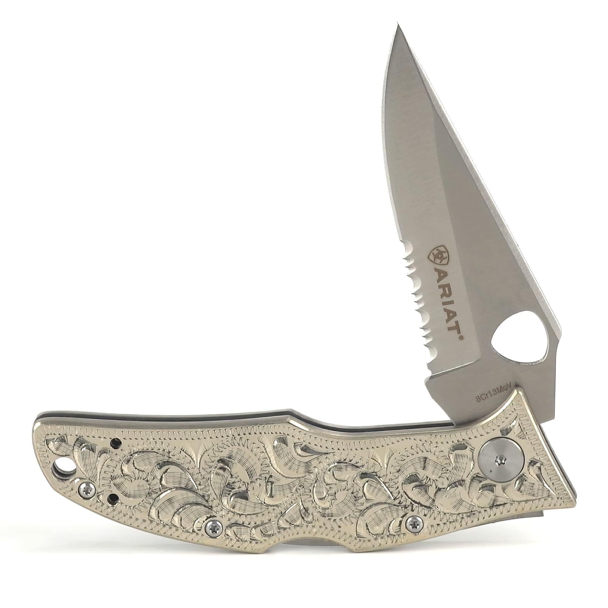 Medium German Folding Knife - Engraved Western Design (Silver Handle)