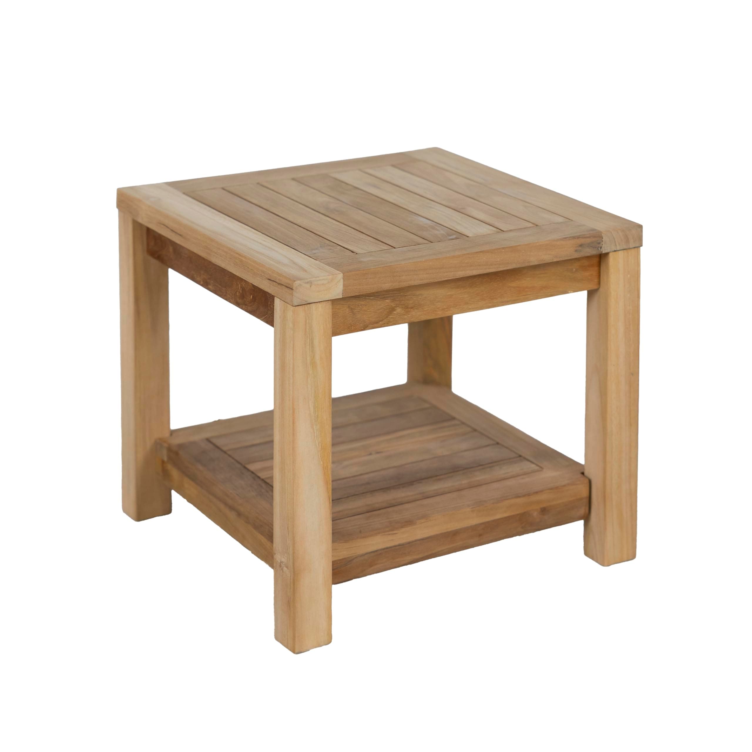 Teak Wood Side Table with Storage, Indoor and Outdoor Wooden Furniture for Deck, Porch, Balcony, Living Room, Bedroom and Backyard (18" D x 18" W x 16" H)