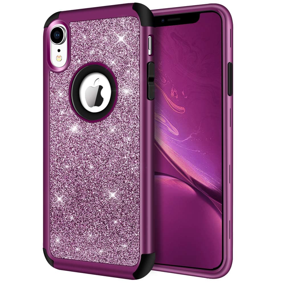 Hython iPhone XR Case, Heavy Duty Full-Body Defender Protective Case Bling Glitter Sparkle Hard Shell Armor High Impact Hybrid Shockproof Silicone Rubber Bumper Cover for iPhone XR 6.1-Inch, Purple