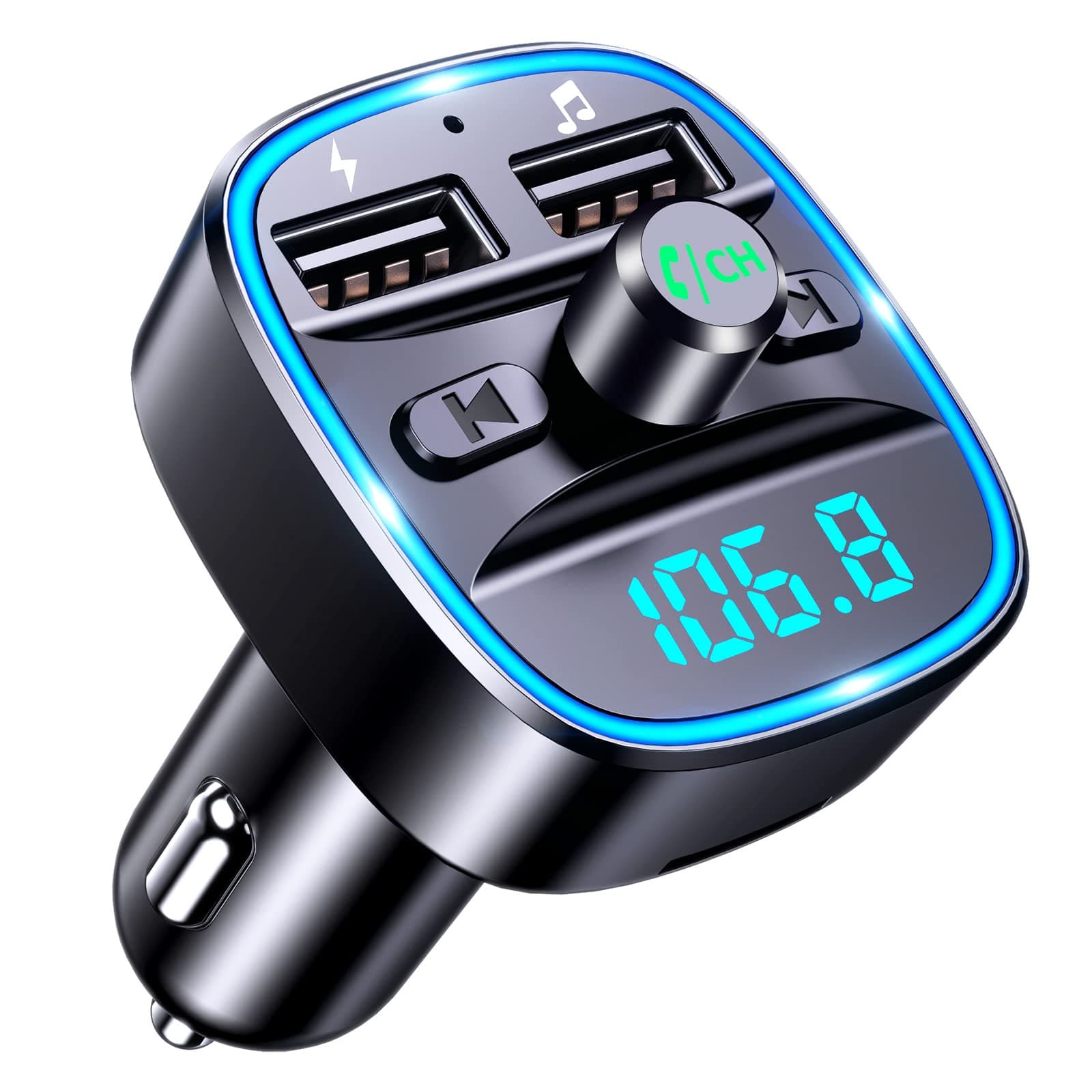 Bluetooth Car Adapter, Bluetooth FM Transmitter for Car MP3 Player FM Transmitter, Multichannel Amplifier, Hands-Free Calling, Dual USB Ports (5V/2.4A & 1A), Support TF Card & USB Flash Drive