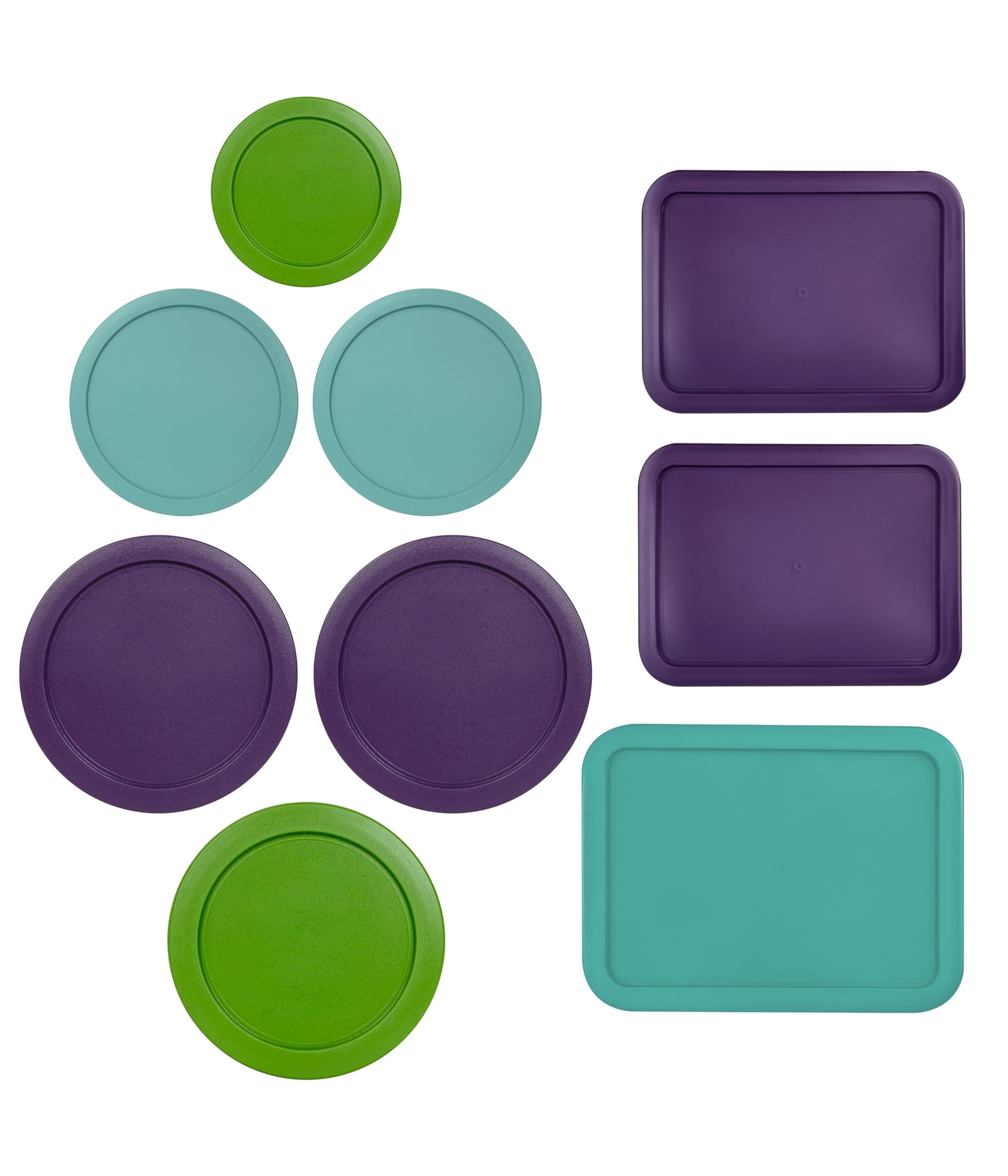 Replacement Lids for Pyrex Containers (1) 1-Cup Green (2) 2-Cup Turqoise (2) 4-Cup Purple (1) 7-Cup Green (2) 3-Cup Purple (1) 6-Cup Turqoise Round Rectangle