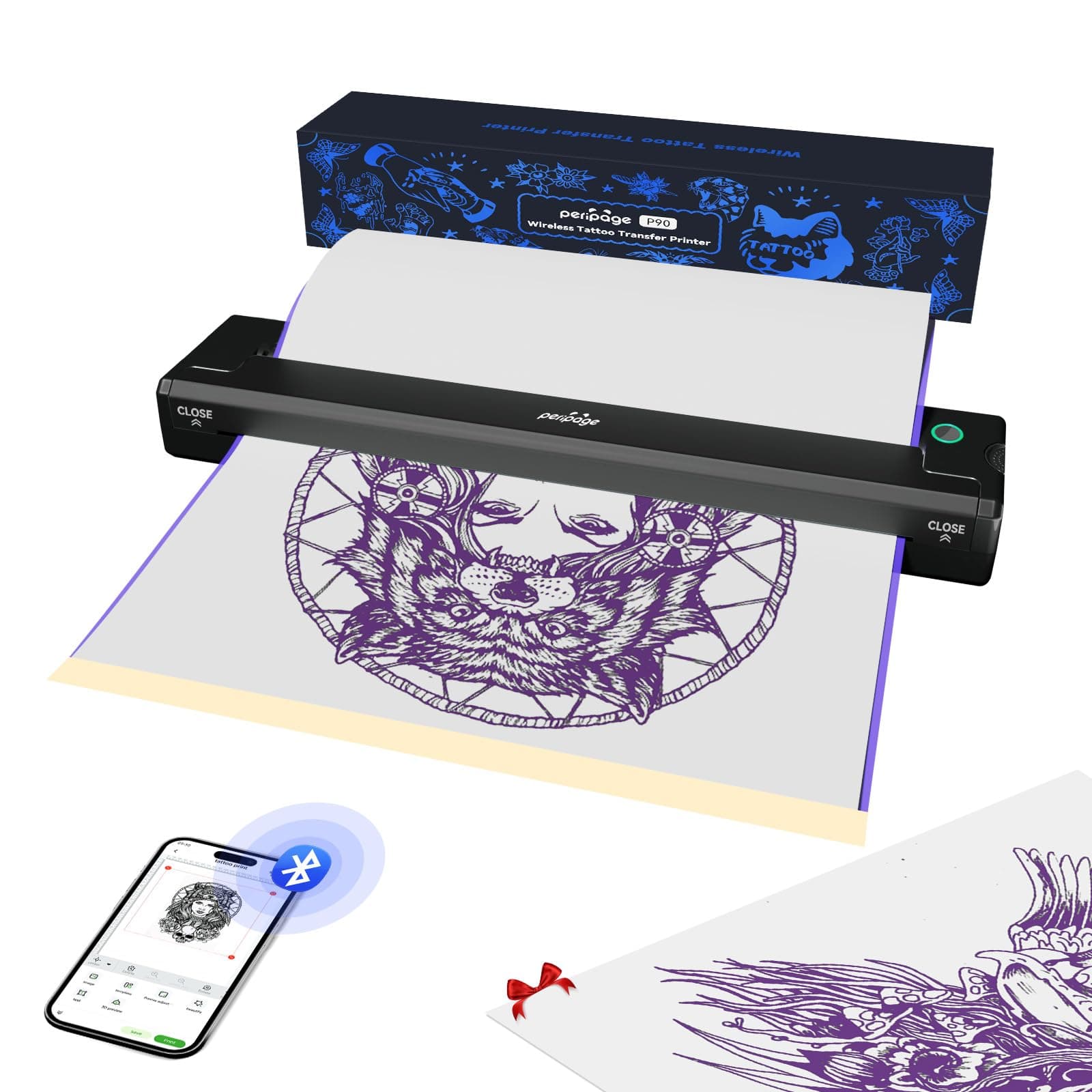 P90 Wireless Tattoo Stencil Printer - Professional & Beginner Friendly, Bluetooth & USB Connectivity, Free Stencil Paper Included