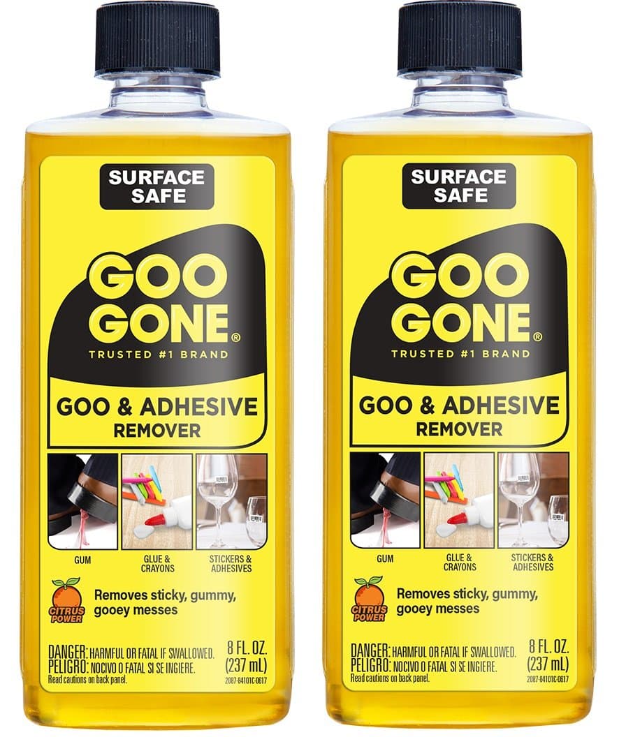 - Goo Gone Adhesive Remover - 2 Pack - 8 Ounce - Surface Safe Adhesive Remover Safely Removes Stickers Labels Decals Residue Tape Chewing Gum Grease Tar Crayon Glue