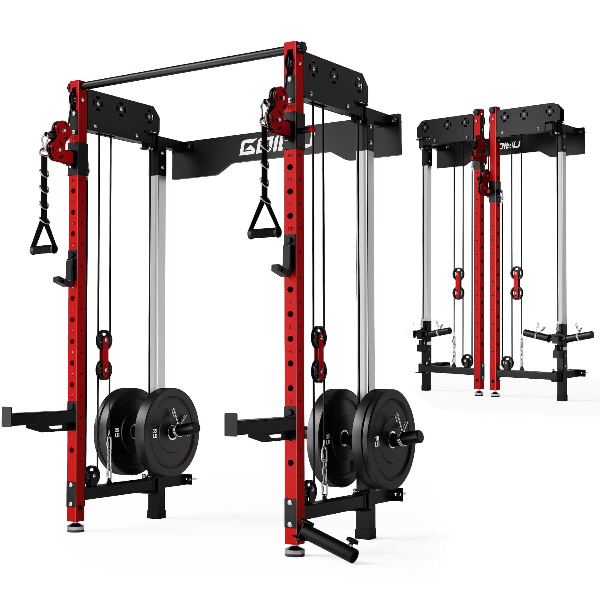 Goimu Folding Squat Rack, Wall Mounted Power Rack with Cable Crossover Machine & LAT Pull Down, Functional Trainer(with 140LBS Weight Plate, Red)