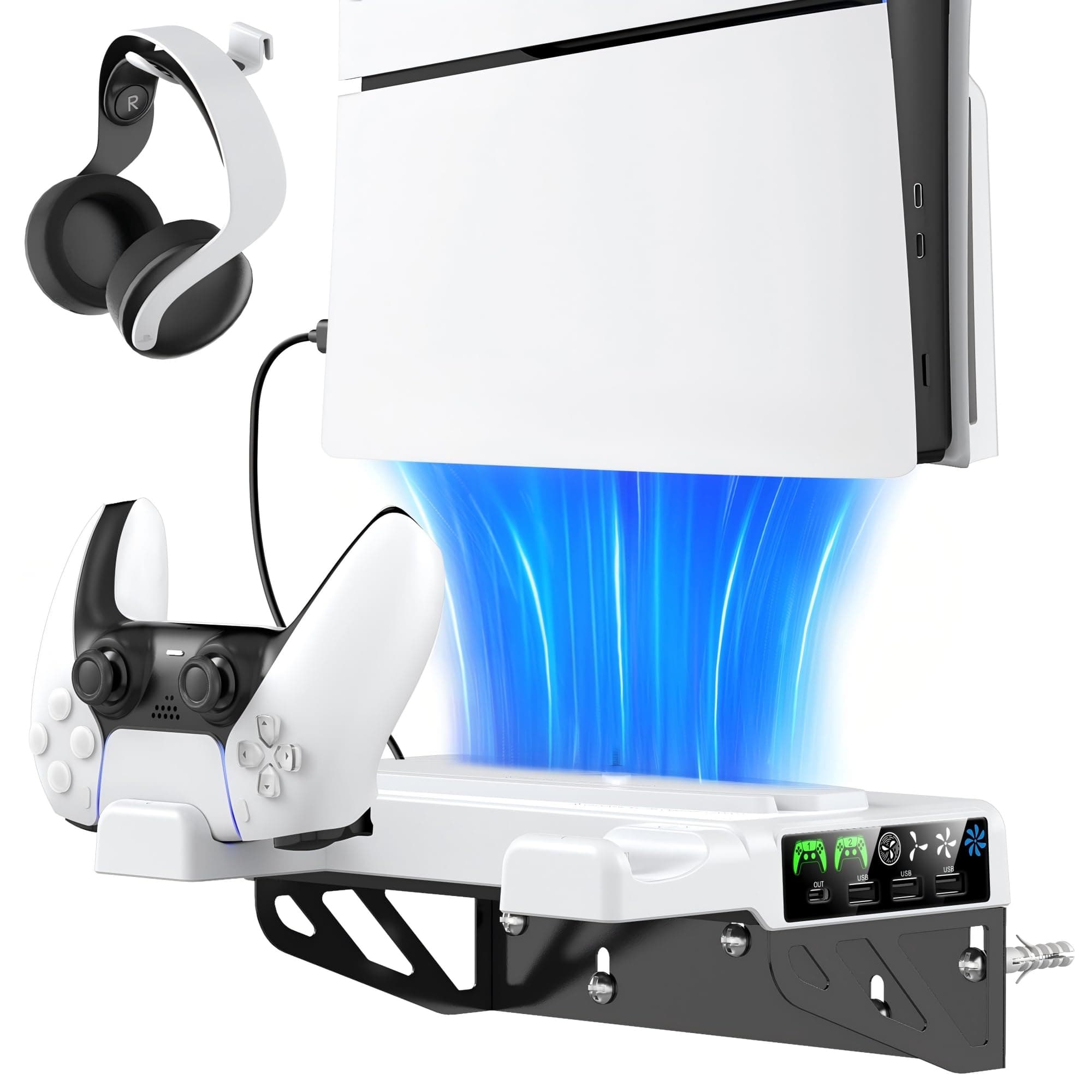 PS5 Wall Mount Kit with Cooling Fan & Charging Station, PS5 Shelf Floating Mount for PlayStation 5/Slim/Pro Disc & Digital Console, PS 5 Wall Bracket Behind TV, PS Five Pro Accessories