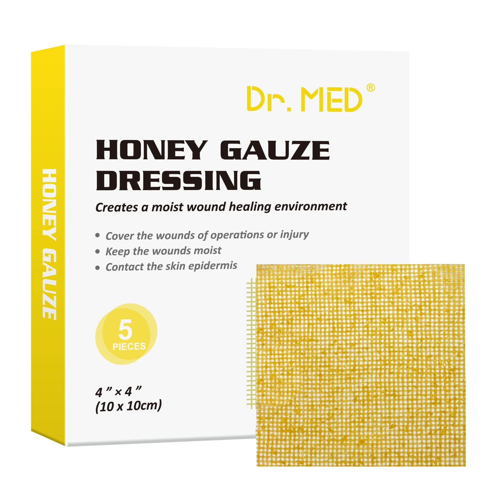 Dr. Med Manuka Honey Gauze Dressing 4" x 4", (5 PCS/Box) Honey Medical Bandage Wound Care Patch for Minor Abrasions, Cuts, Lacerations, Scald and Burns for Wound Healing, Chemical and Drug Free