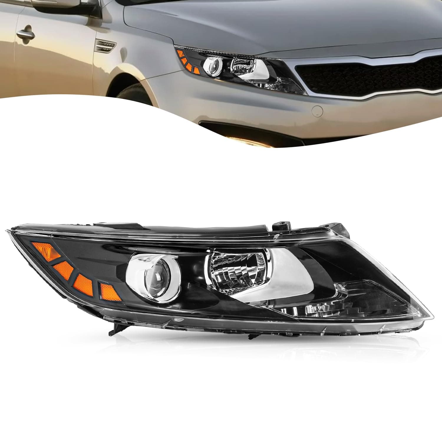 Halogen Headlight Assembly Replacement Fit for 2011 2012 2013 Kia Optima Headlamp Black Housing with Amber Reflector Right Passenger Side