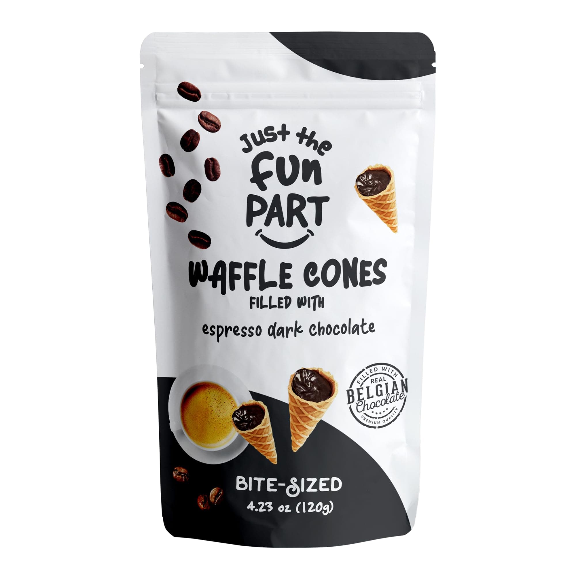 Just The Fun Part, Bite-Size Crispy Mini Waffle Cones with Premium Belgian Chocolate, Great for Snacks, Dessert, Grab & Go - Kosher (Espresso Dark Chocolate)