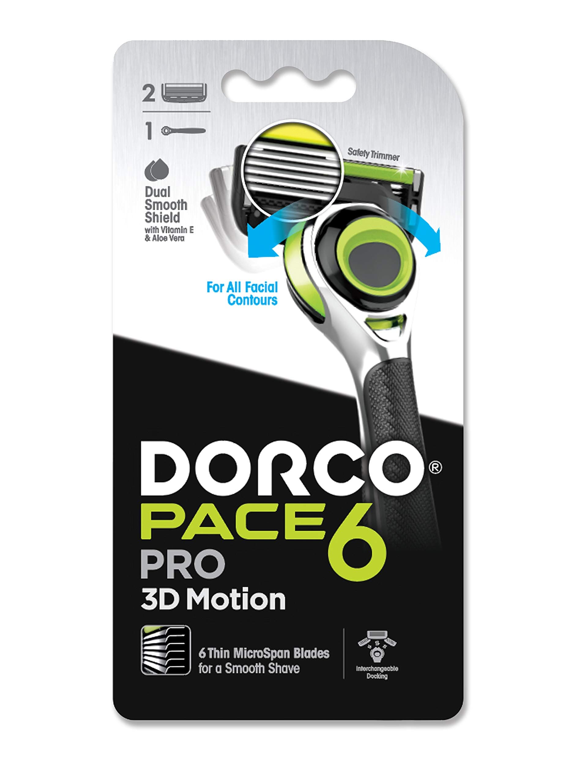 – Pace 6 Pro 3D Motion Men's Razor, 1 Handle + 2 Cartridges, 3D Motion Technology, Pivoting Head, Dual SmoothShield Lubricating Strip,Safe Trimmer and Slim Cartridge,Interchangeable Docking