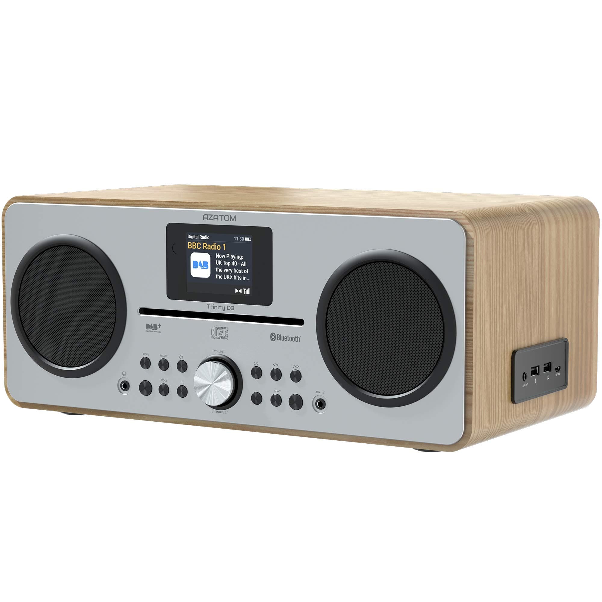 AZATOM Trinity DAB/DAB+ CD player - FM Radio - Bluetooth - Stereo Speaker System - Clock - USB charger - USB player - Premium Sound (Oak)