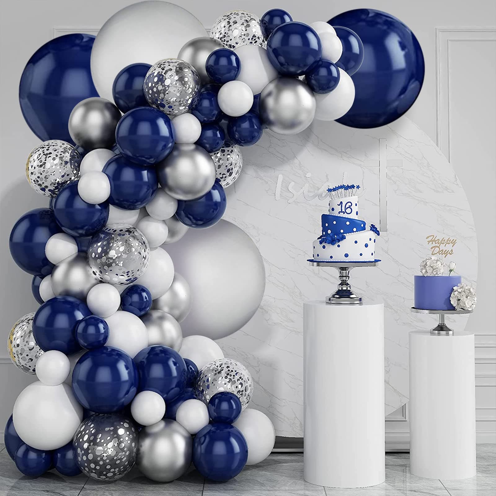 Zesliwy Navy Blue Silver Balloons Garland Kit, Navy Blue White Silver Confetti Balloons Arch Kit for Birthday Party Bridal Shower Wedding Graduation Class of 2025 Prom Decorations……