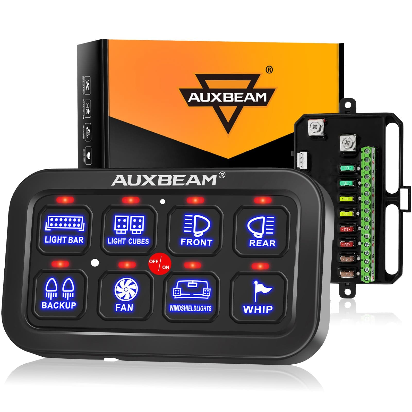 Auxbeam 8 Gang Switch Panel BA80 Automatic Dimmable LED Touch Control Panel Box Electronic Relay System Car Touch Switch Box Universal for Truck ATV UTV Boat Marine SUV Caravan -Blue, 3 Years Warranty