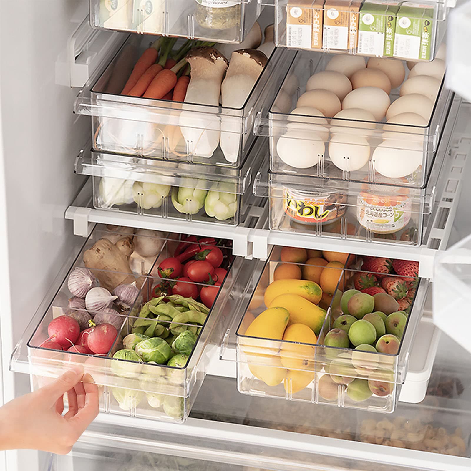 Dewpeton Refrigerator Organizer Bins - Clear Plastic Container Drawer for Egg Vegetable Fruit Snack Drink Food, Home Essentials Organization and Storage for Fridge Kitchen Cabinet Pantry Freezer