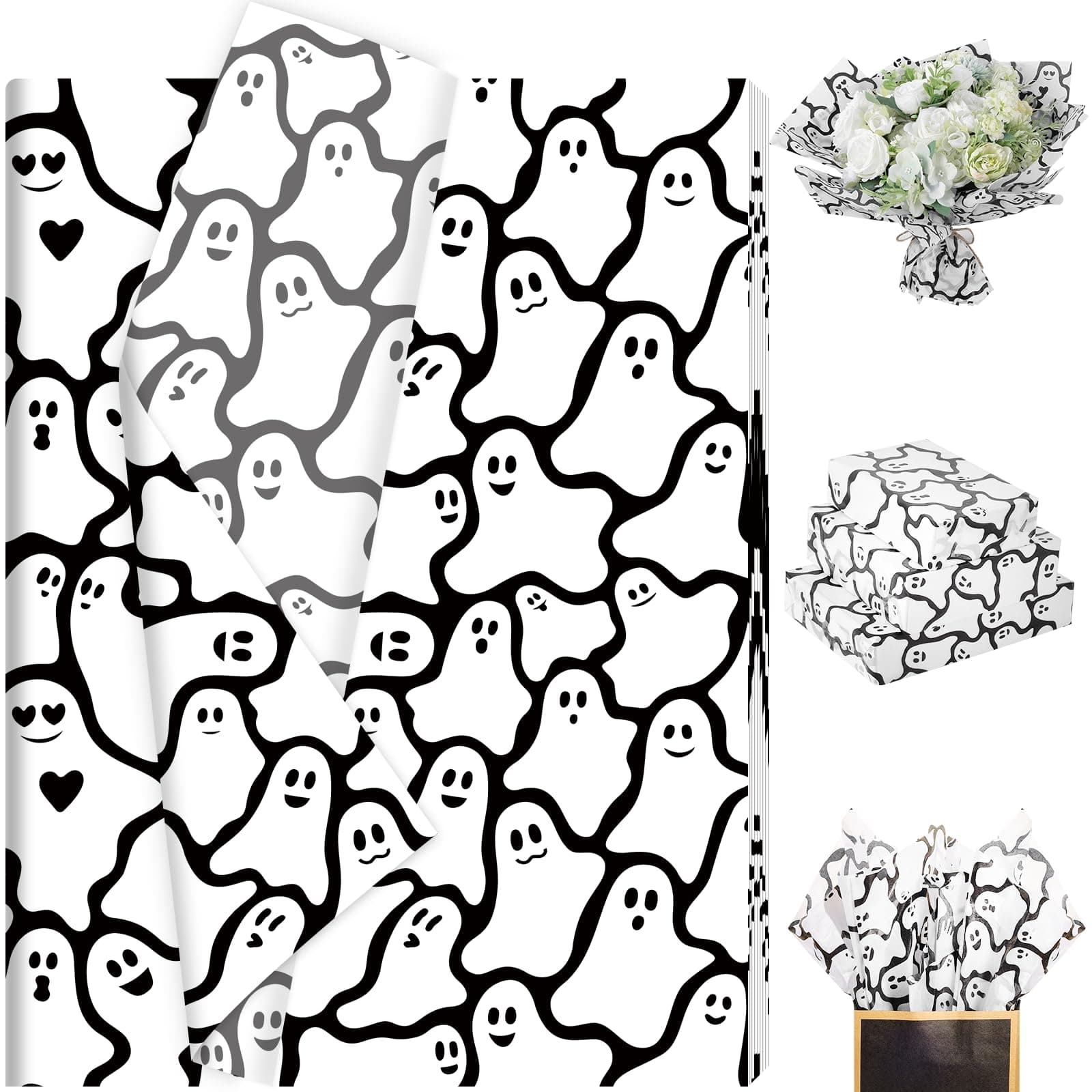 100 Sheets Spooky Ghost Tissue Paper, Cute Ghost Seamless Pattern Wrapping Paper for Halloween Baby Shower DIY Crafts Trick & Treat Party Supplies, 13.8 x 19.7 Inch