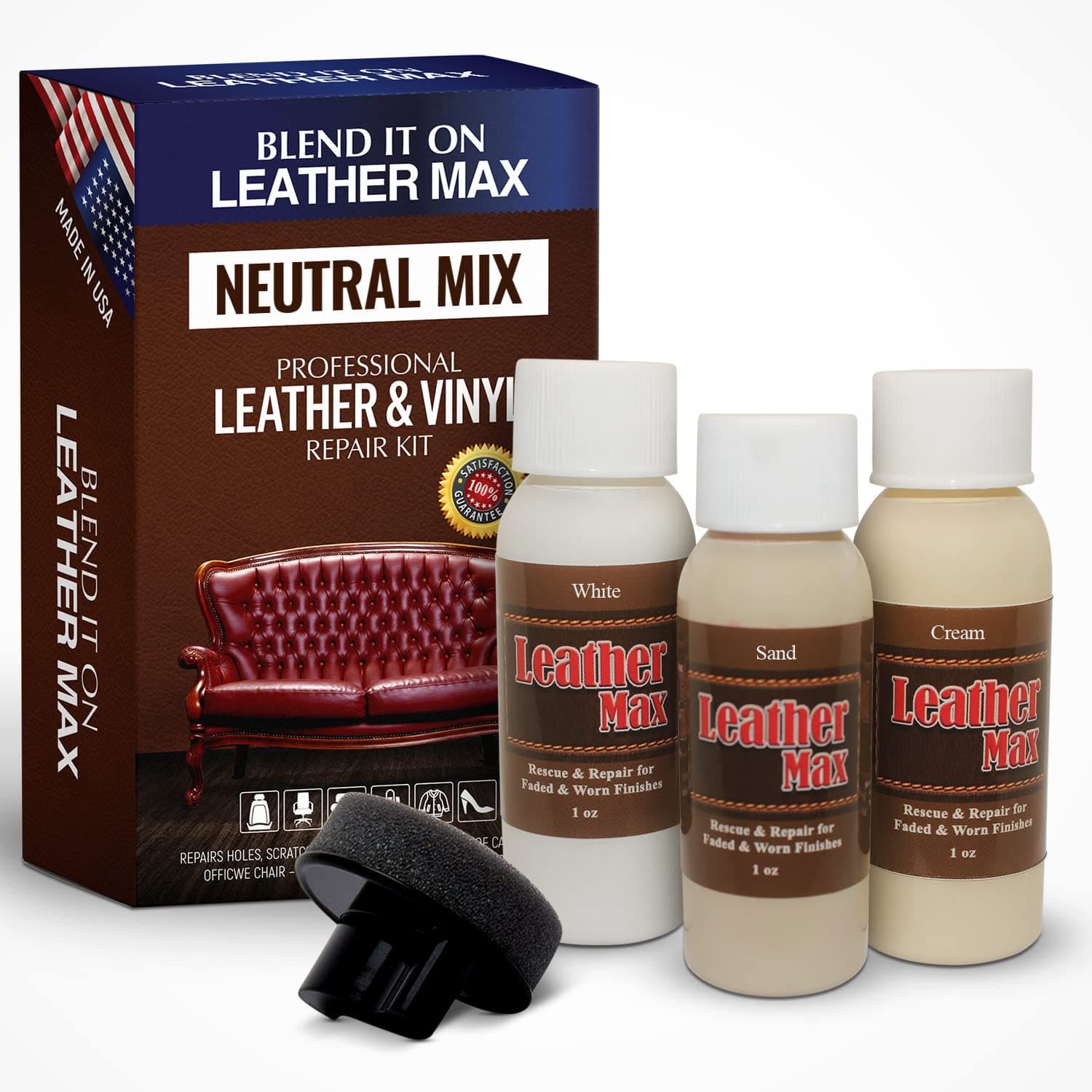Leather Max Quick Blend Refinish and Repair Kit, Restore Sofas, Recolor Furniture & Repair Car Seats, Jackets, Sofa, Boots, 3 Colour Shades to Blend with/Leather Vinyl Bonded and More (Neutral Mix)